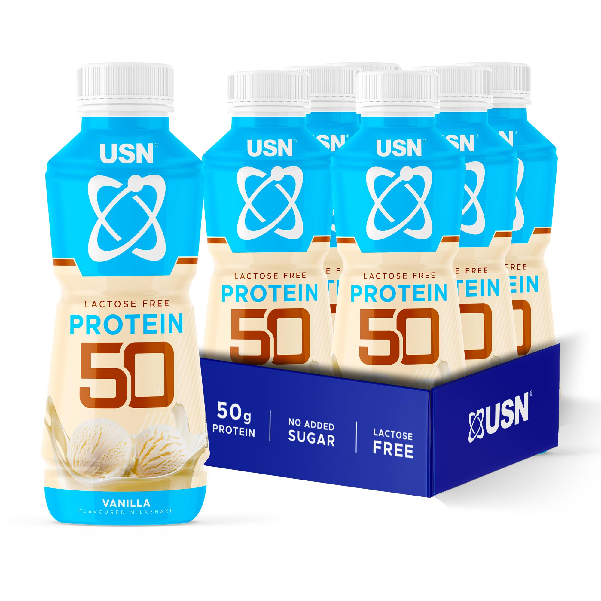 USNTrust 50 Protein Shakes Vanilla 6 x 500ml – High Protein Ready to Drink – 50g Protein – Low Fat – No Added Sugar – Lactose-Free – Guilt-Free Shakes for Muscle Recovery - Packaging may vary