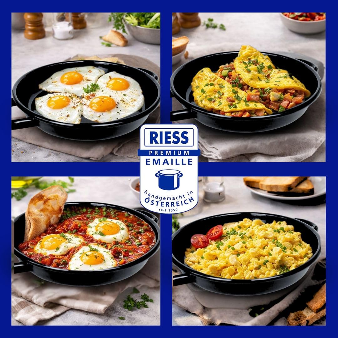 Riess Eierpfanne 22 cm Emaille – Servierpfanne -Omlettpfanne – ideal für Induktion- Eier-Pfanne kratzfest & hitzebeständig – kleine Bratpfanne für Omlette Spiegelei schwarz Made in Österreich