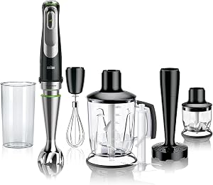 Braun Minipimer 9 – Batidora de Mano con Tecnología Anti Splash, Selección Precisa de Velocidad, Active PowerDrive para Resultados Suaves, Jarra Batidora, Picadora, Vaso 600mL, 1200W, Negro (MQ9147X)