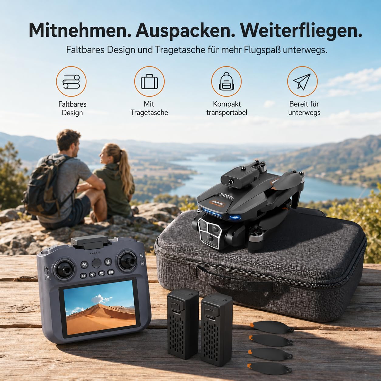 GPS Drohne mit Kamera 1080P Full HD, Faltbare Mini RC Quadrocopter mit Bildschirm-Fernbedienung, Auto Return, Headless Mode, 6-Achsen-Gyro, Anfänger Drohne ab 14 Jahren (Schwarz, Akkus: 2 St.)