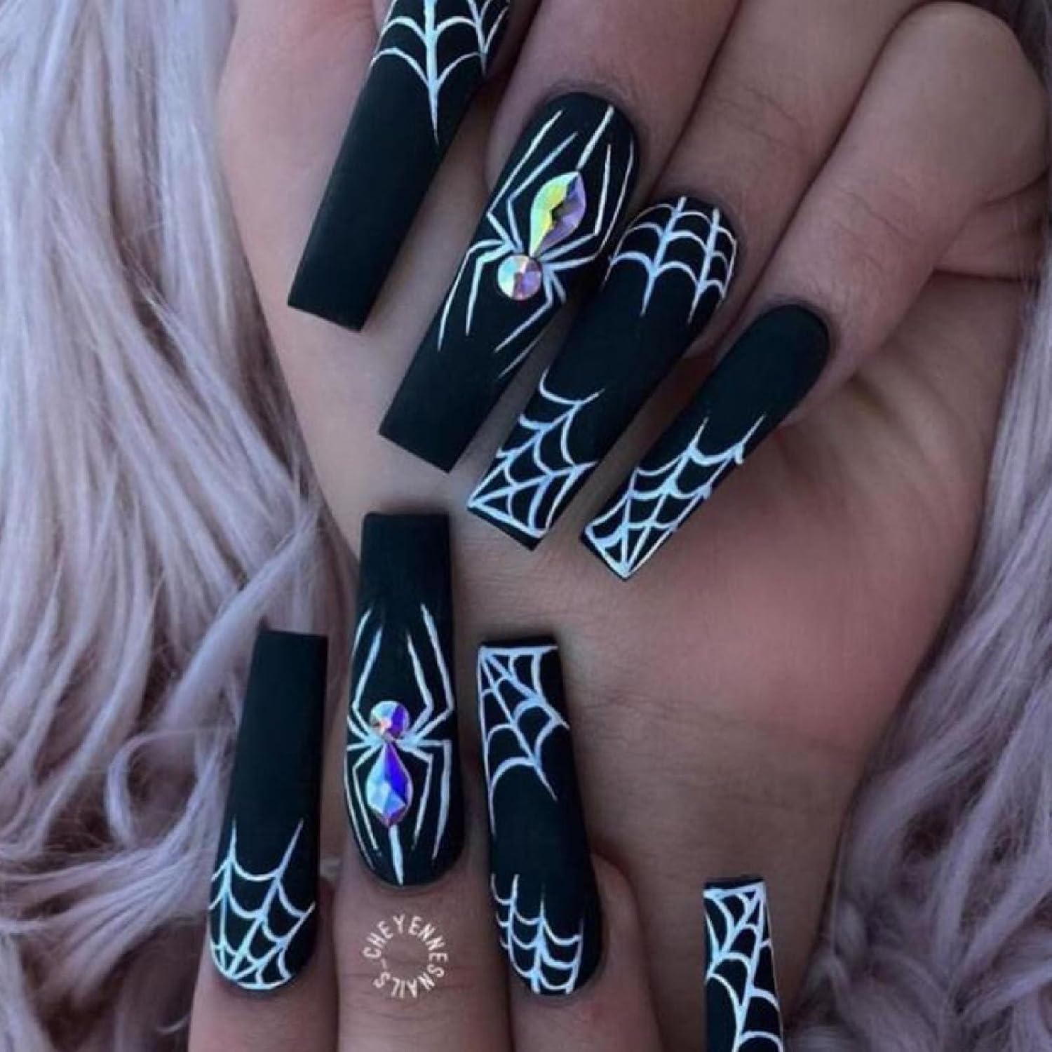 Halloween Press On Nails Long Coffin Matte Artificial Nails Spider Rhinestones Spider Web Black White Stick On Nails for Women 24 PCS
