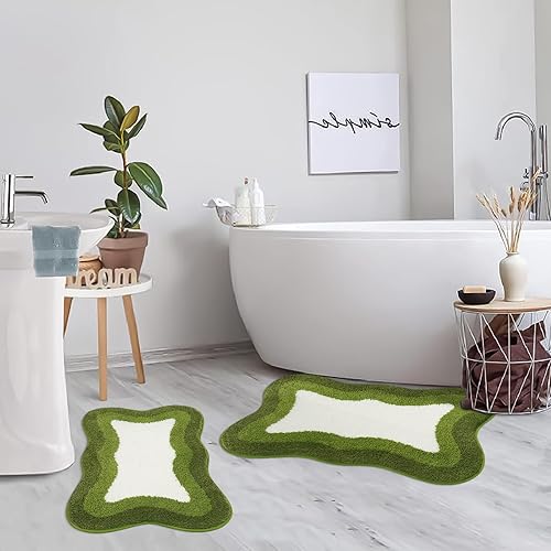 Miniatura 7 de HAOCOO Alfombra de baño verde 20x31 pulgadas, alfombra suave antideslizante de gradiente de forma irregular para decoración de baño, alfombra de