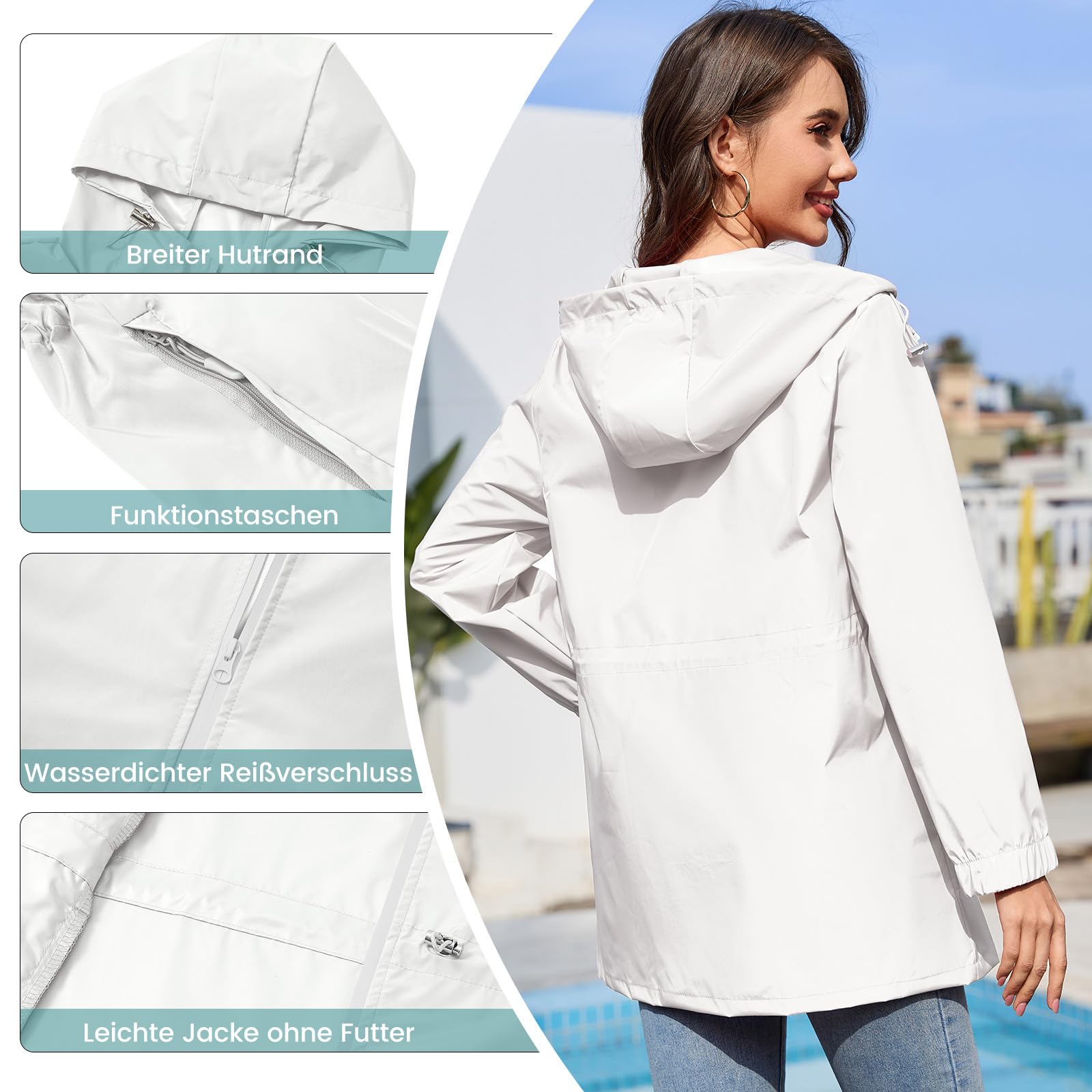PONCEAU Damen Wasserdichte Faltbar Regenjacke mit Kapuze，Laufjacke Wasserdicht Atmungsaktiv Leichte Jacke Windbreaker Atmungsaktive Packbare zum Wandern Reisen Treking Fahrrad