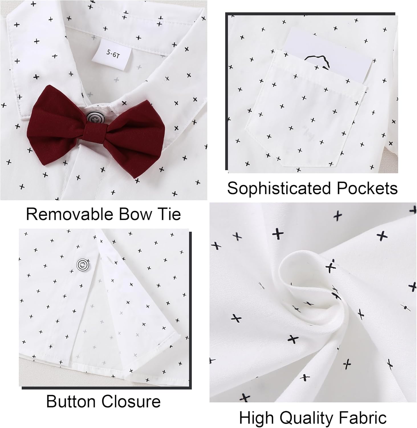 Boys Dress Short Sleeve Shirts Classic Formal Button Down Shirt with Removable Bow Tie for 6-10 Years - Image 5