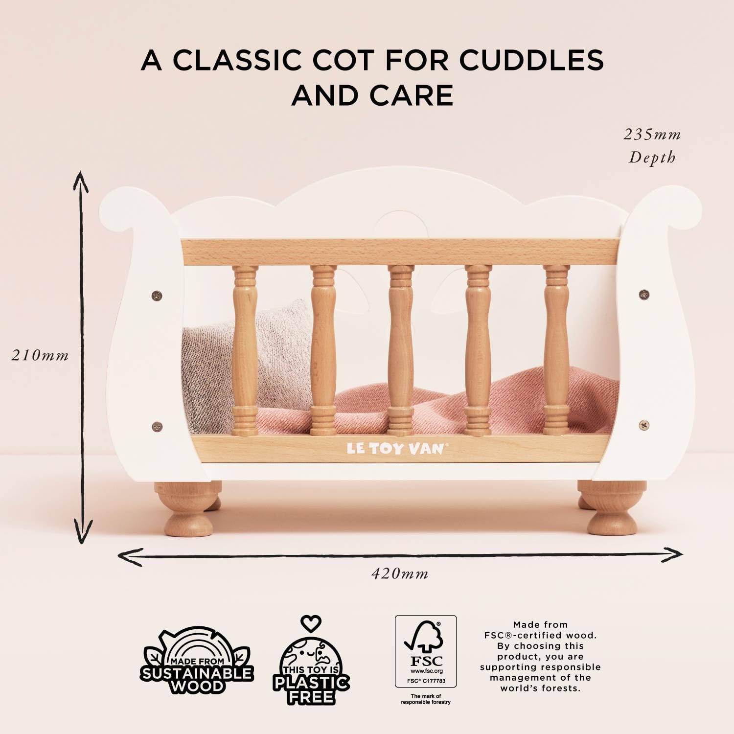 Le Toy Van - Educational Wooden Toy Role Play Beautiful Sleigh Doll Cot & Crib | Girls Pretend Play Toy Pram Playset - for Ages 3+