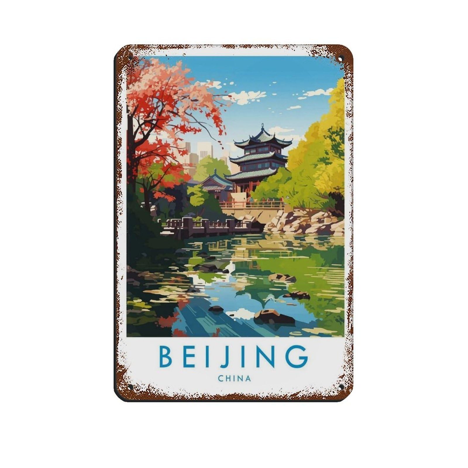 Beijing Travel, Beijing Travel Poster Retro Poster Metal Tin Sign Chic Art Retro Iron Painting Bar People Cave Cafe Family Garage Poster Wall Decoration 8x12inch(20x30cm)