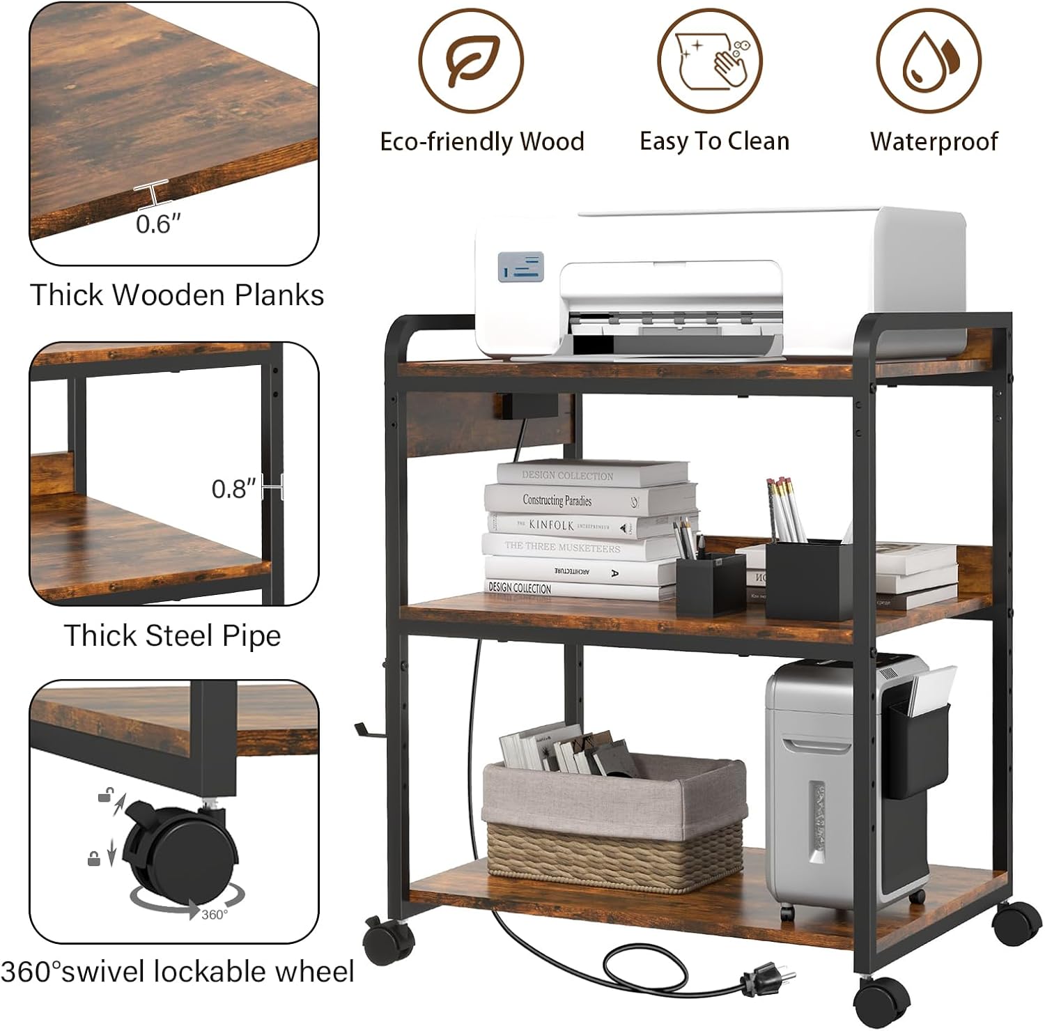 Livofloral 3 Tier Large Printer Stand with Wheels, 25.2 x 18.9 Inch Printer Stand with Power Outlet USB Port, Printer Table with Adjustable Storage Shelf for Home Office, Rustic Brown