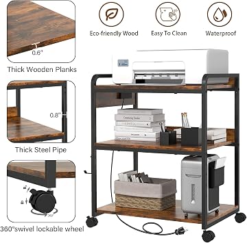 3-Tier Large Printer Stand with Power Outlet and Adjustable Storage Shelf