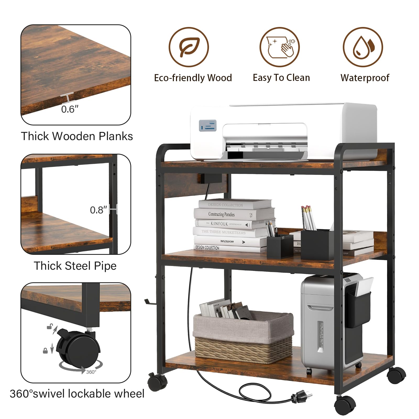 Livofloral 3 Tier Large Printer Stand with Wheels 25 2 x 18 9 Inch Printer Stand with Power — view 5
