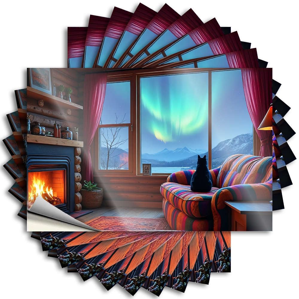 A Cozy Cabin with A Fireplace, Colorful Sofa Decal Decorations for Patio | Tiny Cover Removable Decal Pack(8X12CM)