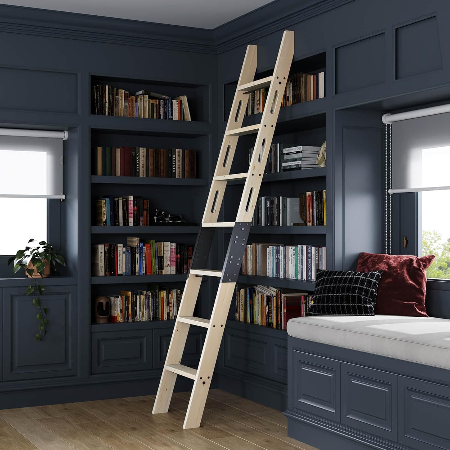 CEAKIAN 8ft Rolling Library Ladder: 450lbs Capacity, 7 Steps, Solid Spruce Wood, Built-in Handrails, Easy DIY Assembly for Loft, Bookshelf & Kitchen