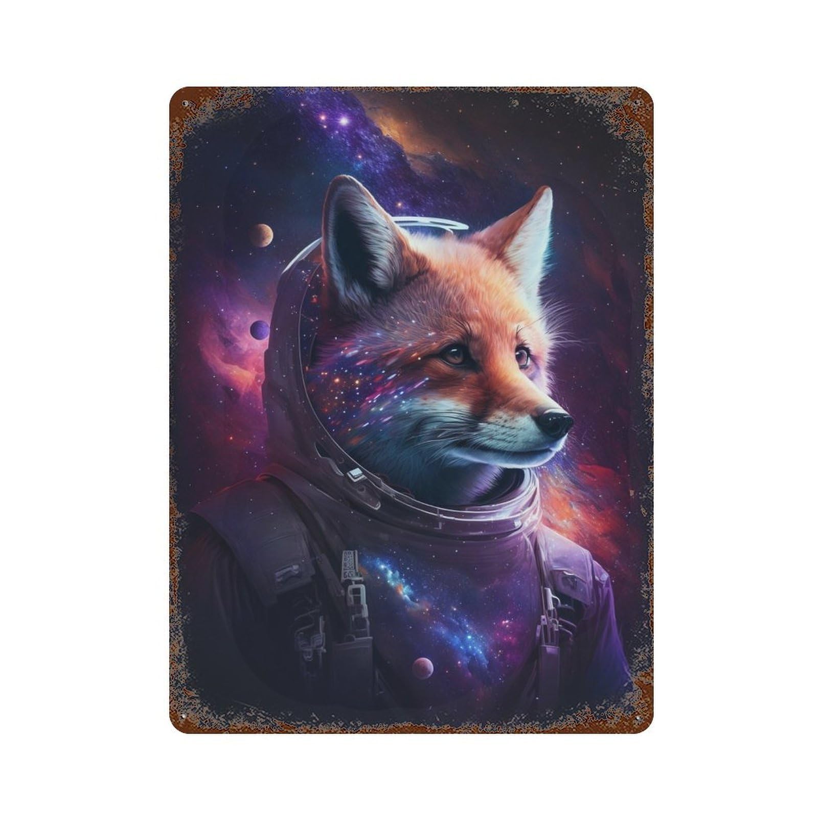 Cosmic Fox Astronaut Art Print-5 Aged Metal Wall Plaque 15.7"x11.8", Industrial Home Decor for Garage, Pub Or Kitchen