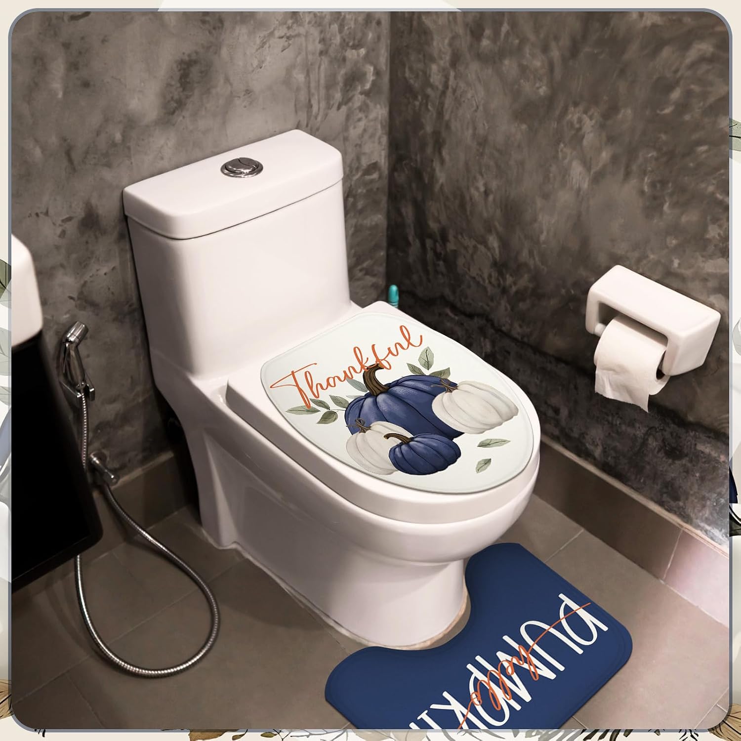 Preboun 4 Pcs Blue Fall Bathroom Decor Set Pumpkin Shower Curtain 72"