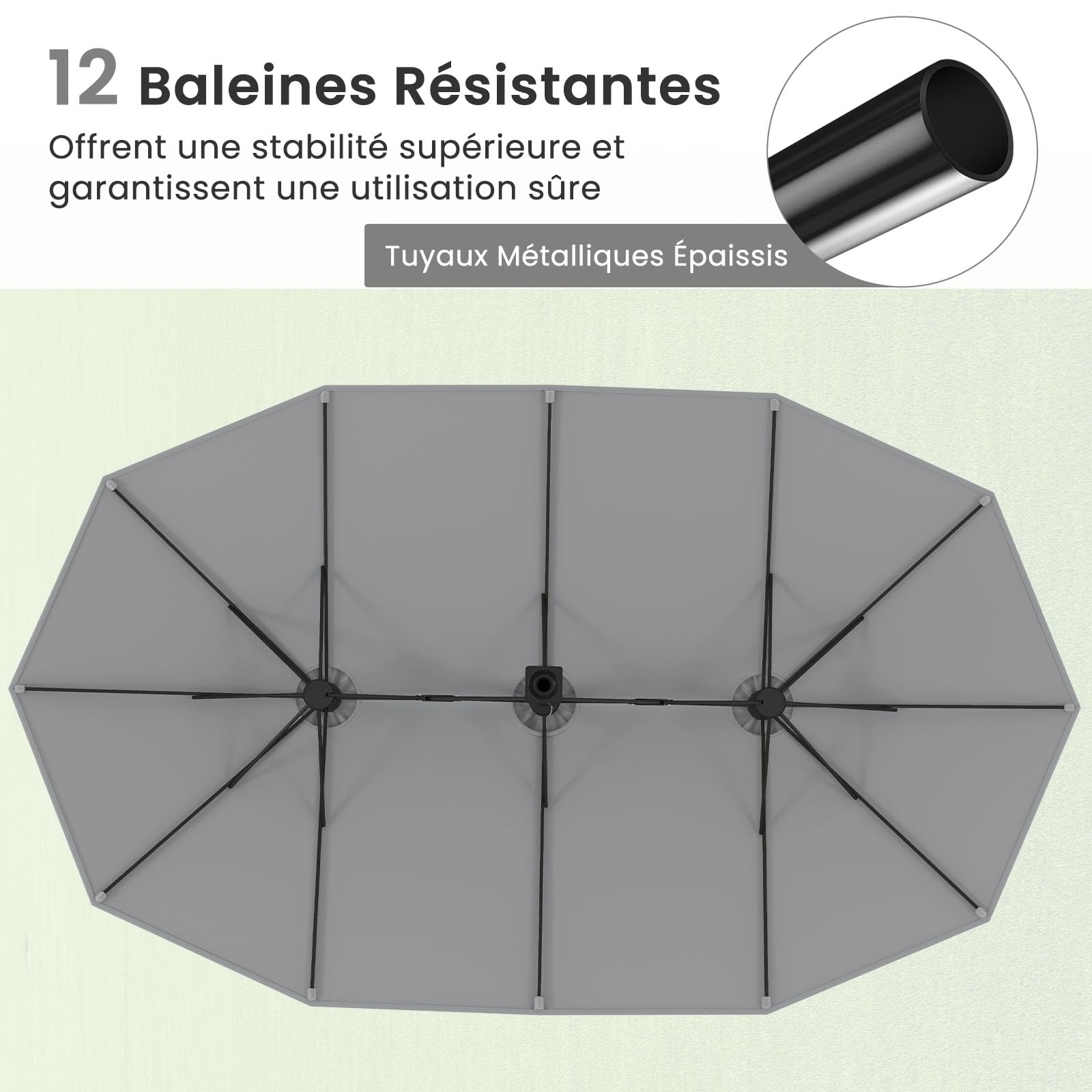 COSTWAY Parasol de Jardin Extérieur XXL avec Pied, Double 4,5 m, 12 Baleines en Métal, 2 Sacs de Sable, Manivelle, Grand Parasol pour 6 Personnes, pour Terrasse, Jardin, Piscine (Gris)