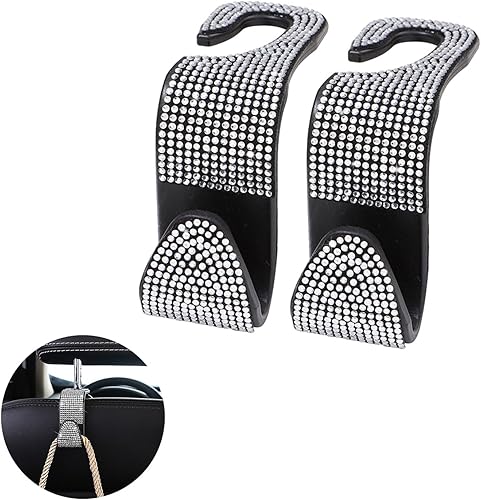 Miniatura 46 de Ziciner 2 ganchos brillantes para reposacabezas de asiento de automóvil, organizador de almacenamiento para colgar el asiento trasero con diamantes