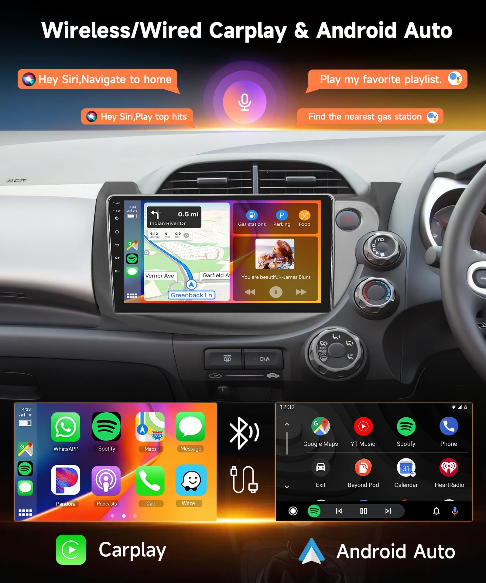 4Core 64G do radia samochodowego Carplay H-onda Jazz 2007-2013, 10-calowy ekran dotykowy IPS z DSP, Bluetooth, Android Auto, GPS, WiFi, FM/RDS, SWC, kamera,K5 pro