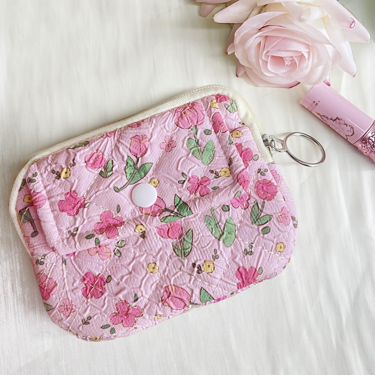 Cotton Quilted Floral Coin Pouch with Cute Prints Zipper for Women Girls (PINK TULIP) - Image 6