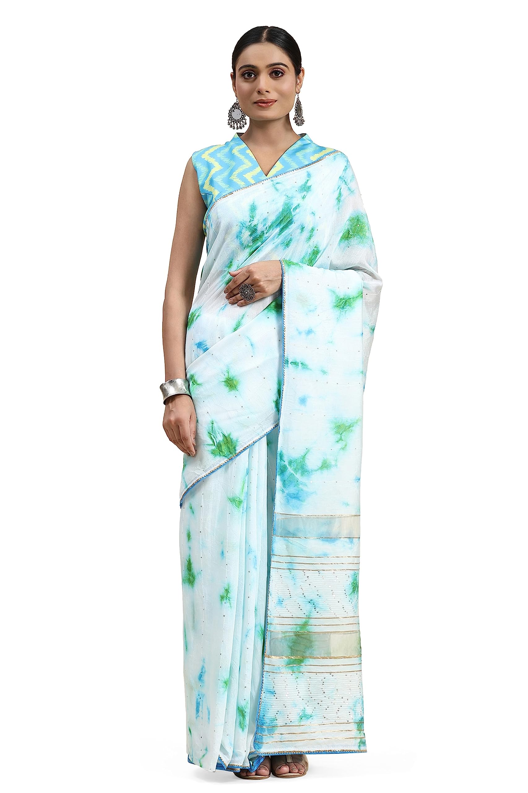 Aany's Culture Women's Tie and Dye Viscose Fabric Saree with Unstitched Blouse Piece | Shibori Work | Golden Lace Border