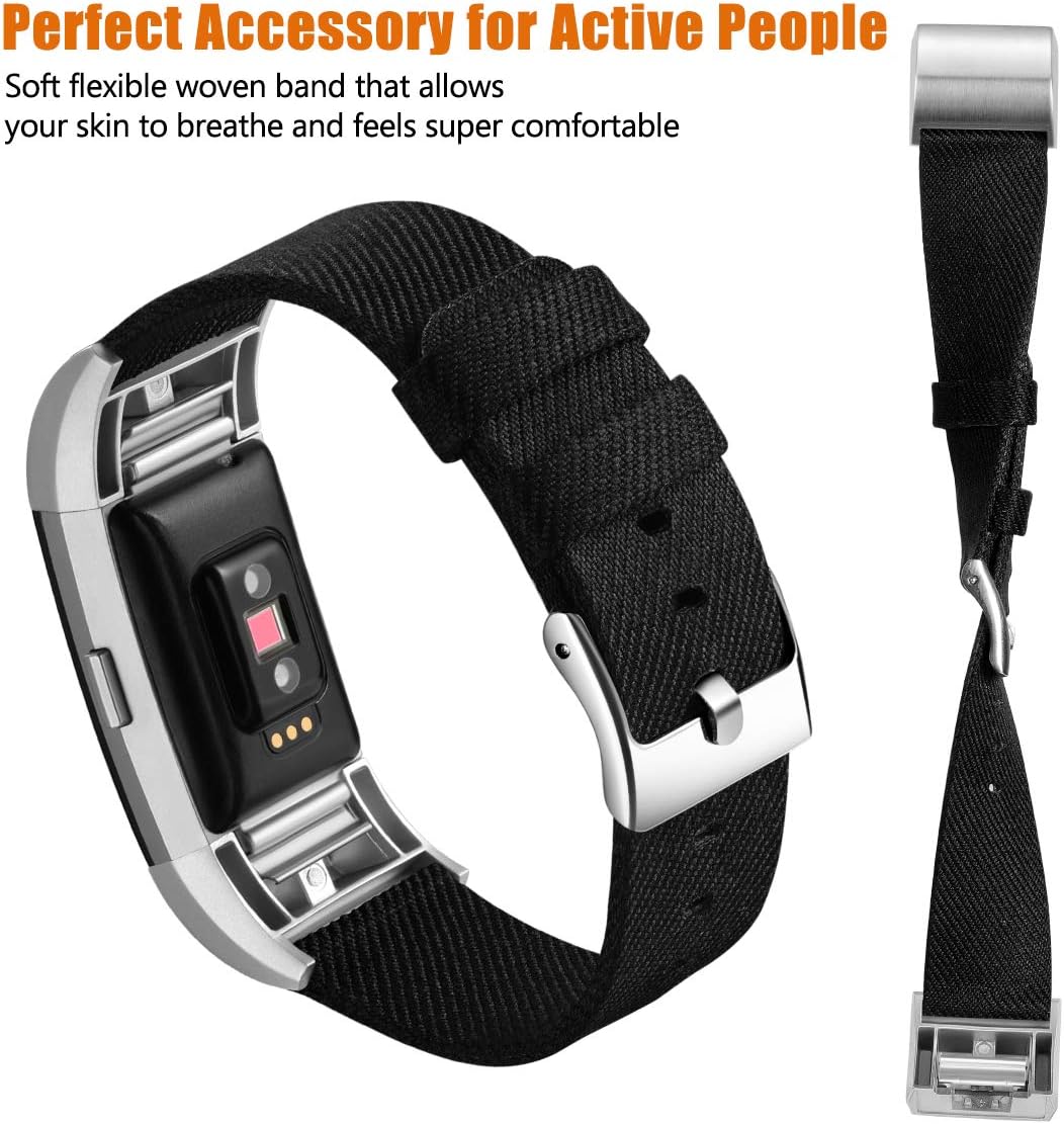 Maledan Compatible with Charge 2 Bands for Women Men, Breathable Woven Fabric Replacement Accessory Strap Compatible with Charge 2 and Charge 2 SE Fitness Activity Tracker, Small, Black