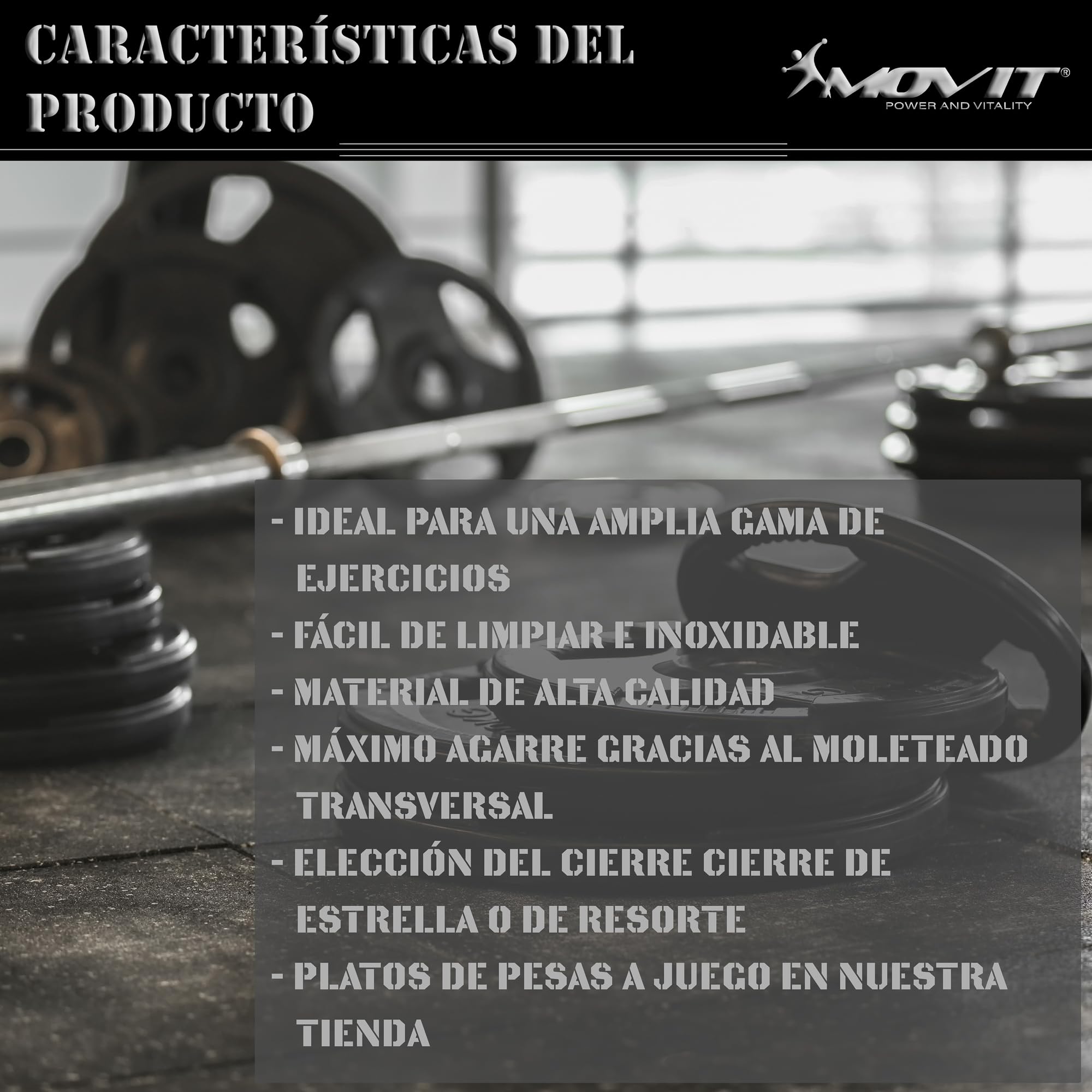 MOVIT barra de curl profesional SZ, 30mm ESTÁNDAR, a elegir: 120cm (7kg) o 130cm (8kg), cromada o negra, bloqueo de estrella o bloqueo de muelle