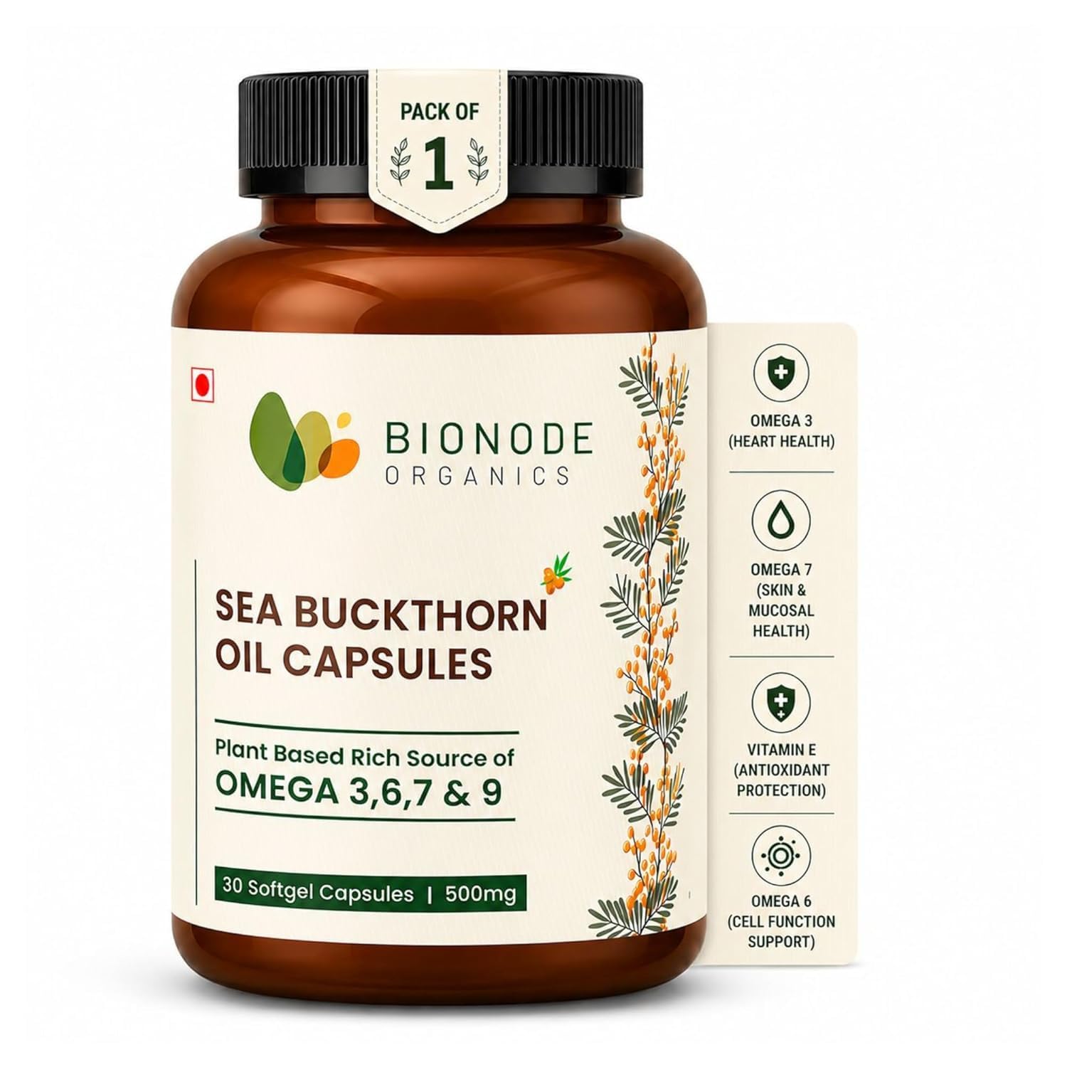 Bionode Organics Sea Buckthorn Oil Capsules, 500mg, Plant Based Omega 3 6 7 9, 30 Softgels-image-43