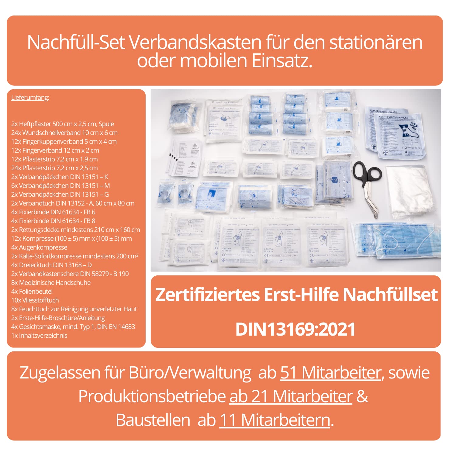 Nachfüllset DIN 13169:2021 für Erste-Hilfe Koffer & Verbandkaste, für Verbands-Kasten & Medizinschrank gemäß ASR, HierBeiDir