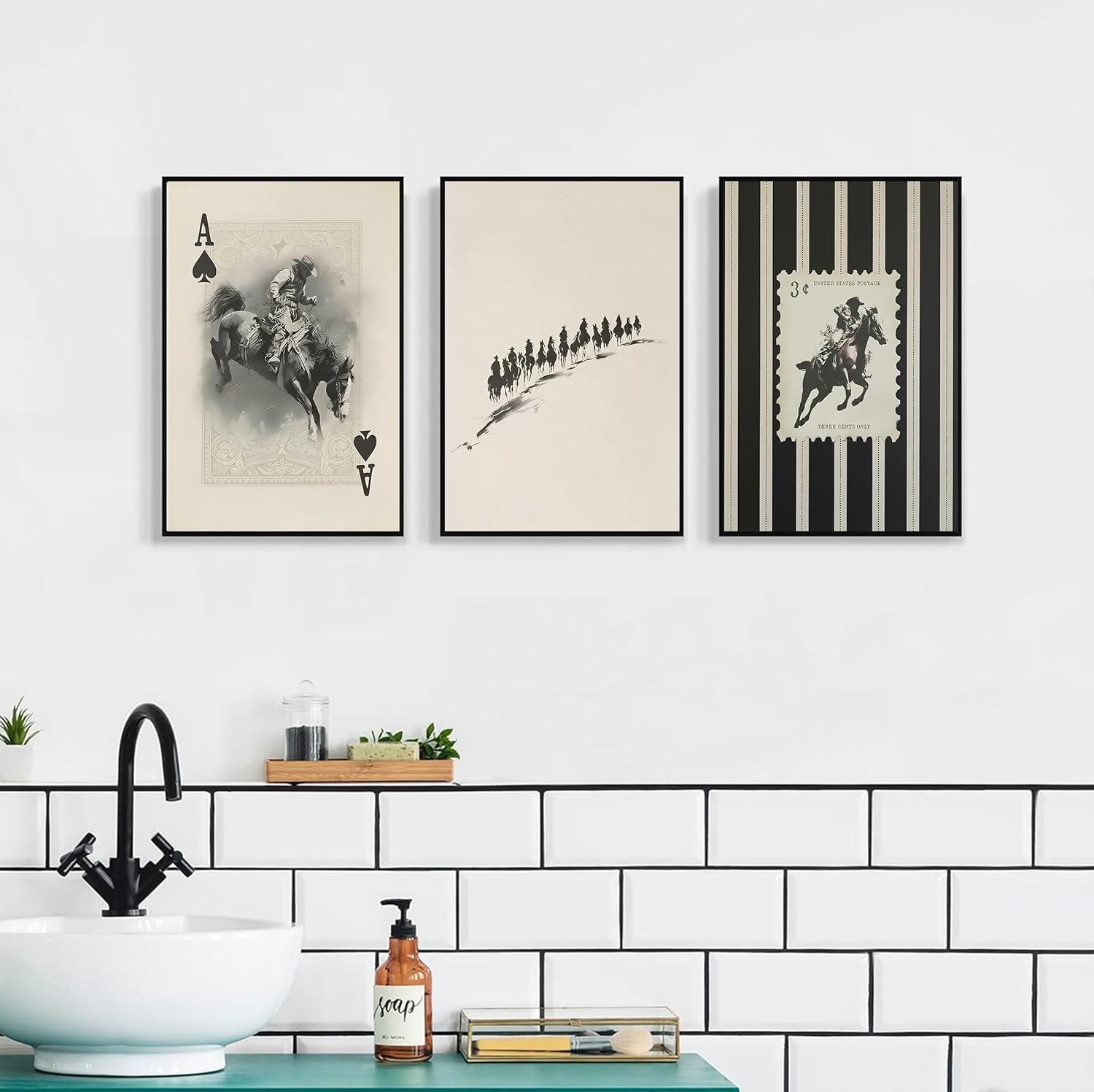 3Pcs Western Cowboy Canvas Wall Art Middle Ages Black Southwest-Style Poster Printing Playing Card Painting Rodeo Striped Wall Decoration for Bedroom Bathroom Living room Decor16x24 inch Unframed