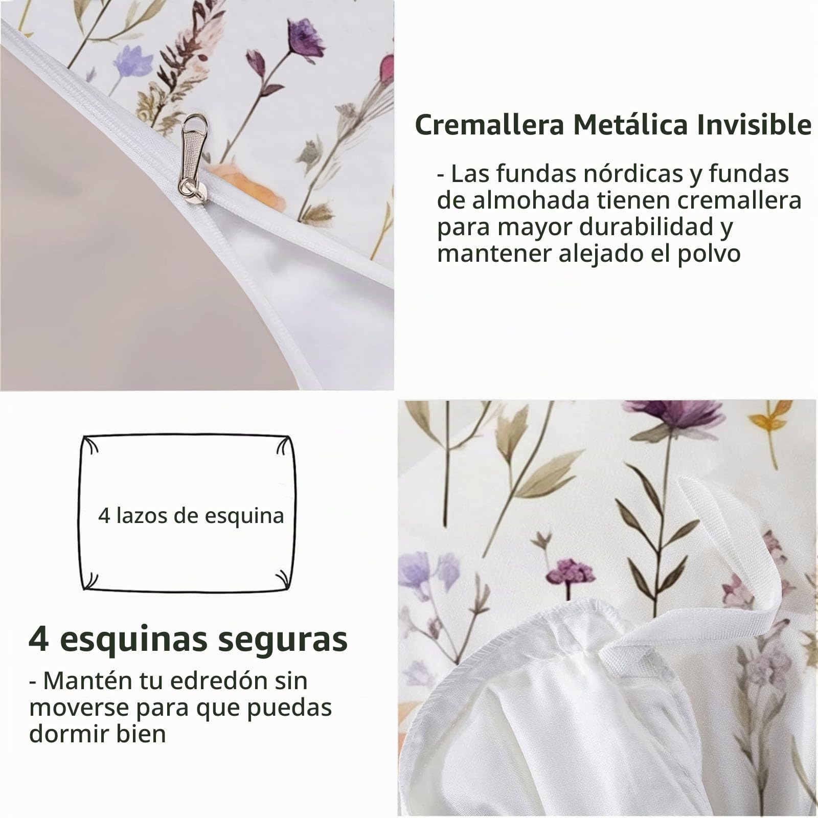 Funda Nórdica Cama 180/200 Infantil Adulto, 3 Piezas Campo Flores 3D Juego De Ropa De Microfibra 260x240CM Campo Flores Funda De Edredón Y 2 Fundas De Almohada Blanco