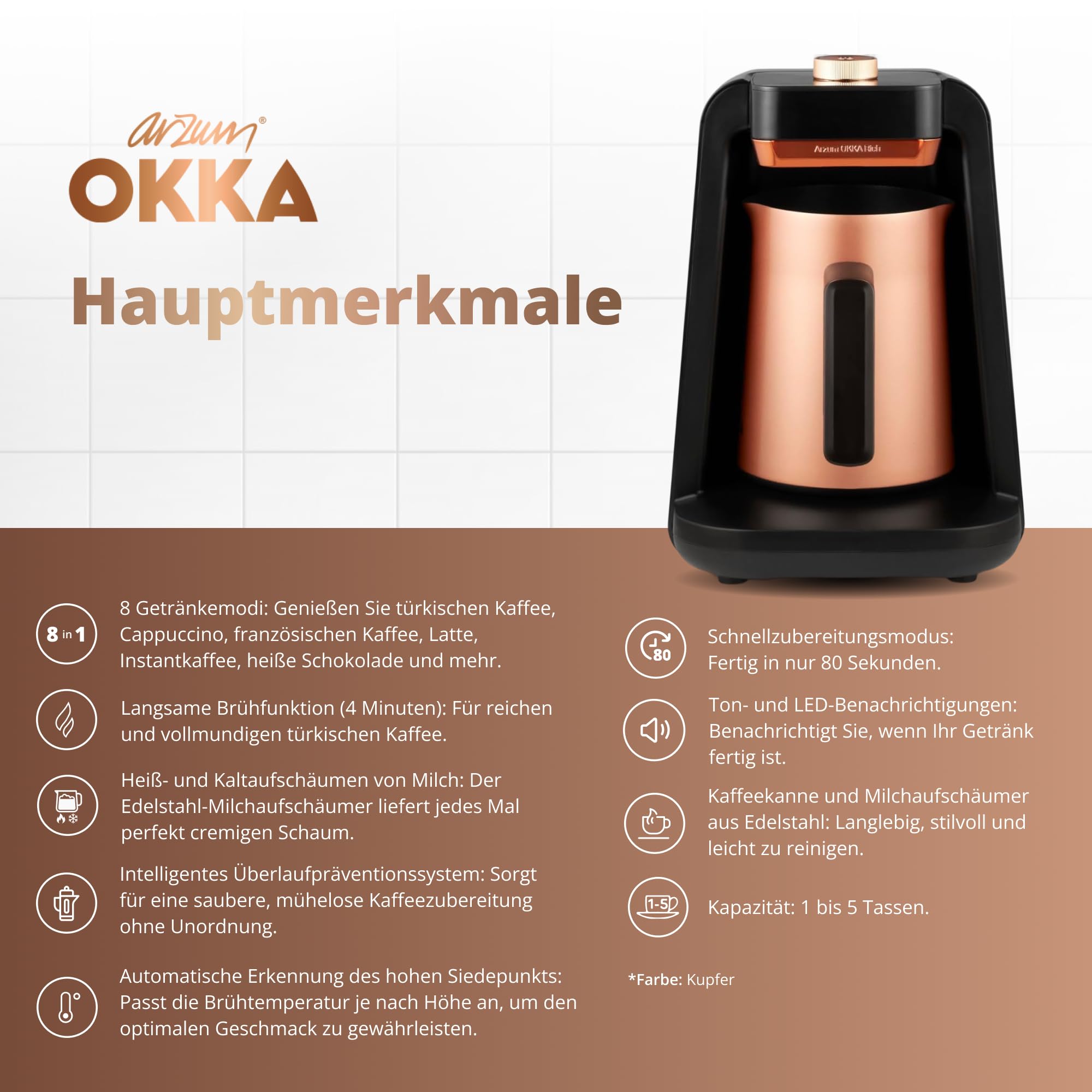 Arzum Okka Rich Spin Pro Türkische Kaffeemaschine mit 5 Tassen Kapazität, 700W Leistung, Auto Brewing Altitude Detection und Automatischem Mixer für Milchgetränke