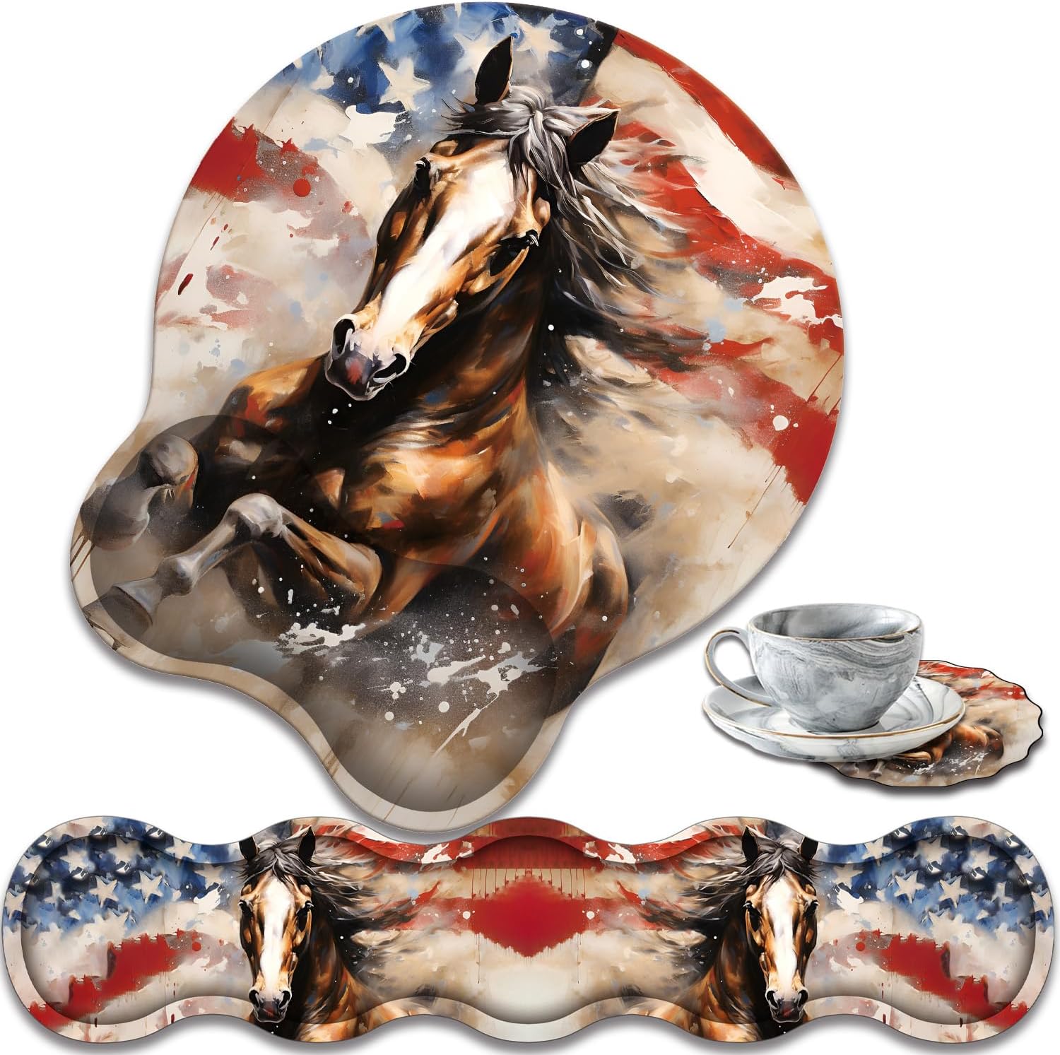 Ergonomic Keyboard Wrist Support Pad and Wrist Support Mouse Pad, Anti-Slip with Gel Memory Mouse Pad Set, Suitable for Office Use/Home Use - American Flag and Horse
