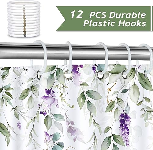 Miniatura 3 de Bonhause Cortina de ducha de eucalipto verde con hojas de acuarela y flores moradas, cortina de baño decorativa de 72 x 72 pulgadas, tela de