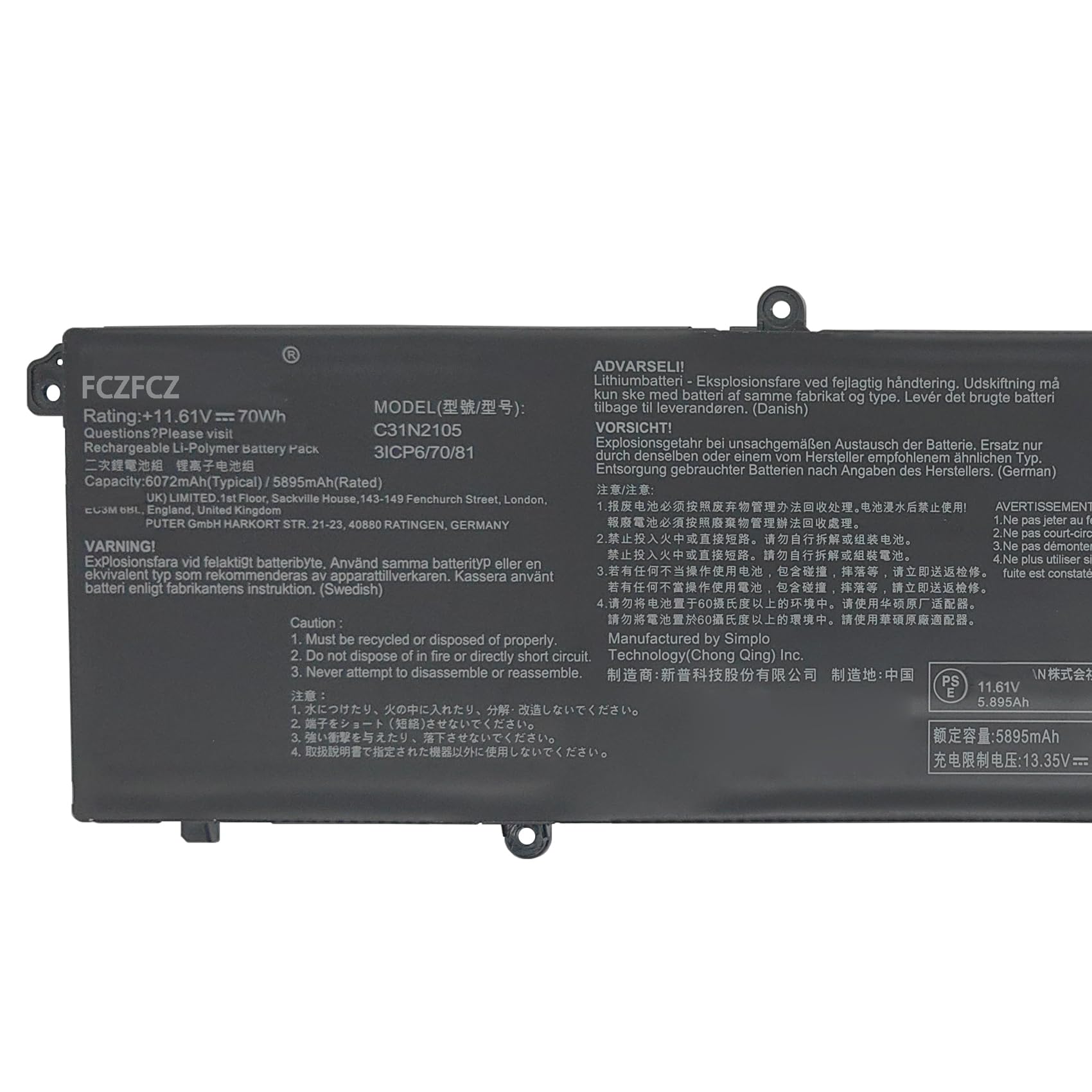 Amazon.com: FCZFCZ C31N2105 Battery 70Wh 6072mAh Replacement for