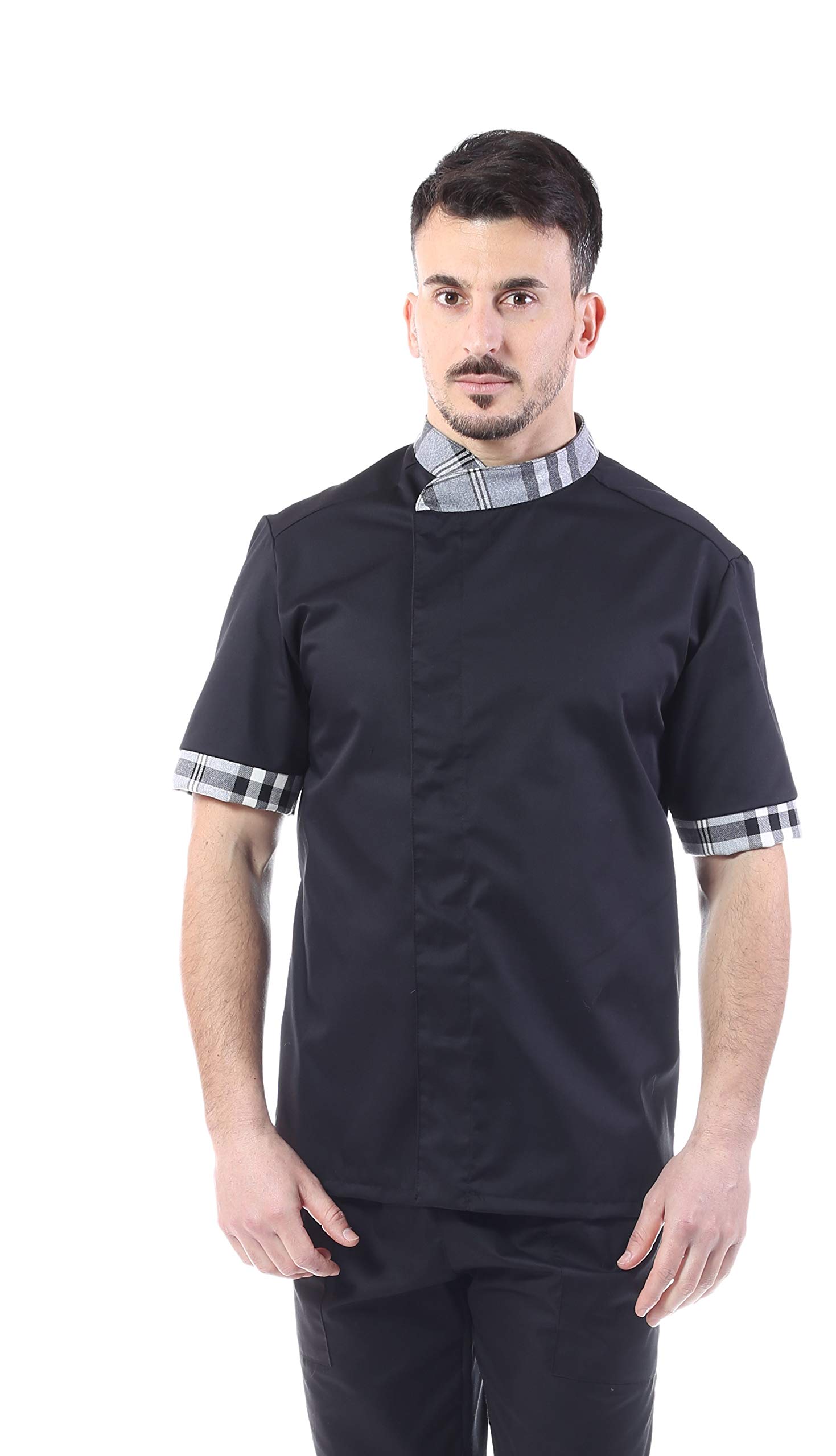 Textiles Astrorino Stickerei gratis – Jacke Koch und Chef schwarz – Schottenmuster – Kurzarm – Doppelkragen – für Herren – Druckknöpfe – Kasack für Restaurant und Küche – Made in Italy