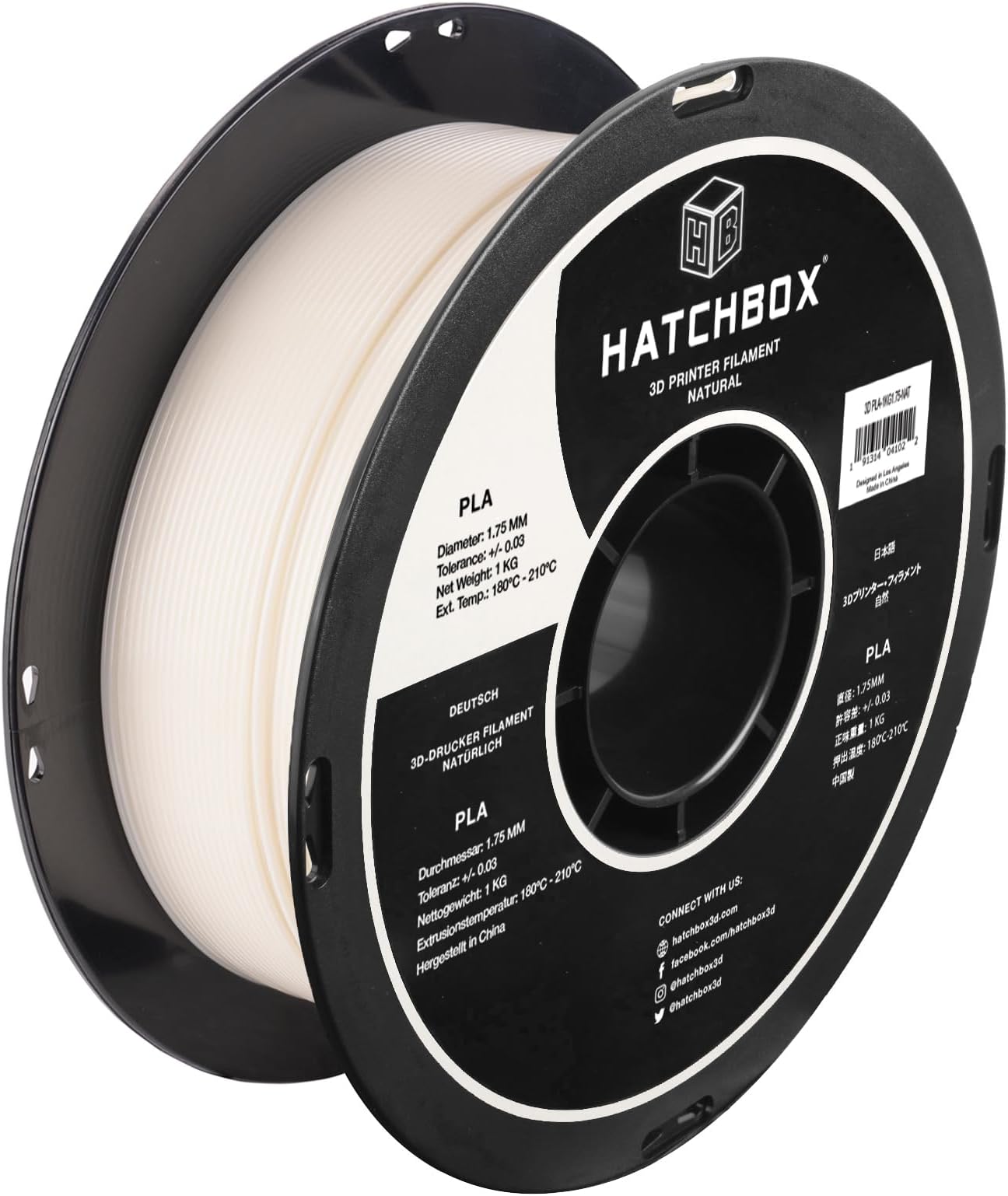 HATCHBOX 1.75mm Natural PLA 3D Printer Filament, 1 KG Spool