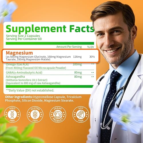 Miniatura 7 de Complejo triple de magnesio – Suplemento de glicinato de magnesio, taurato y malato con Omega3, Ashwagandha, GABA para dormir, soporte cerebral