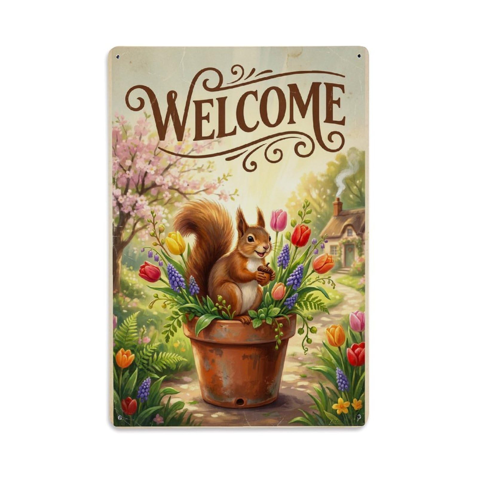 Cxhjca 8X12inch(20X30cm) Vintage Welcome Squirrel Spring Garden Metal Tin Sign