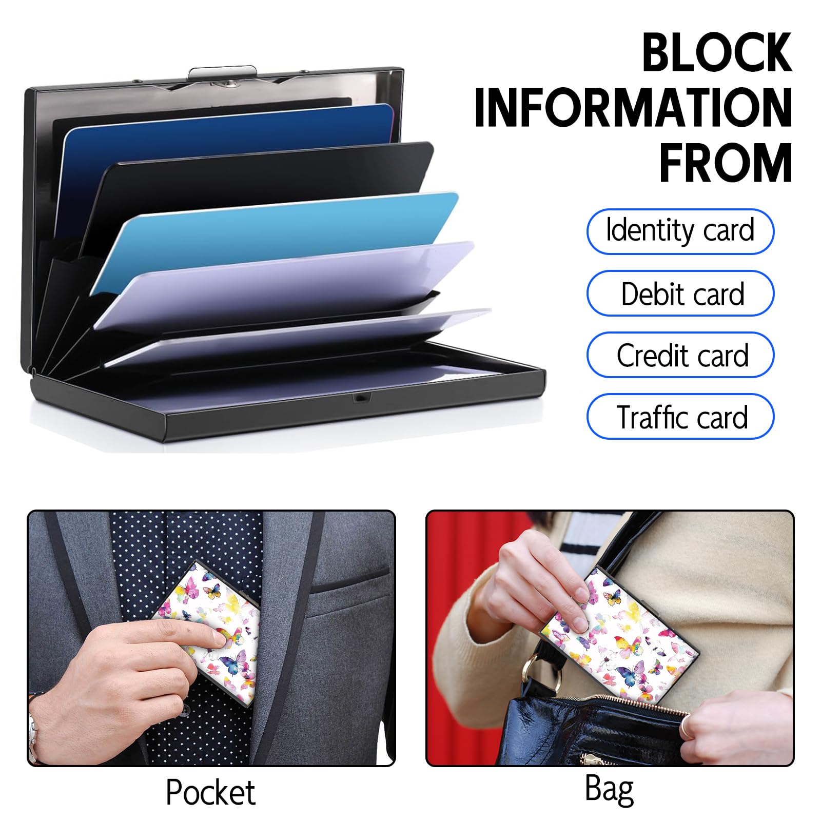 VACGBJPG Rfid Blocking Metal Credit Card Wallet–Slim & Durable 6-Slot Card Holder,Stainless Steel Rfid Protection Case for Men & Women,Compact Business Card Organizer,Colorful Butterflies