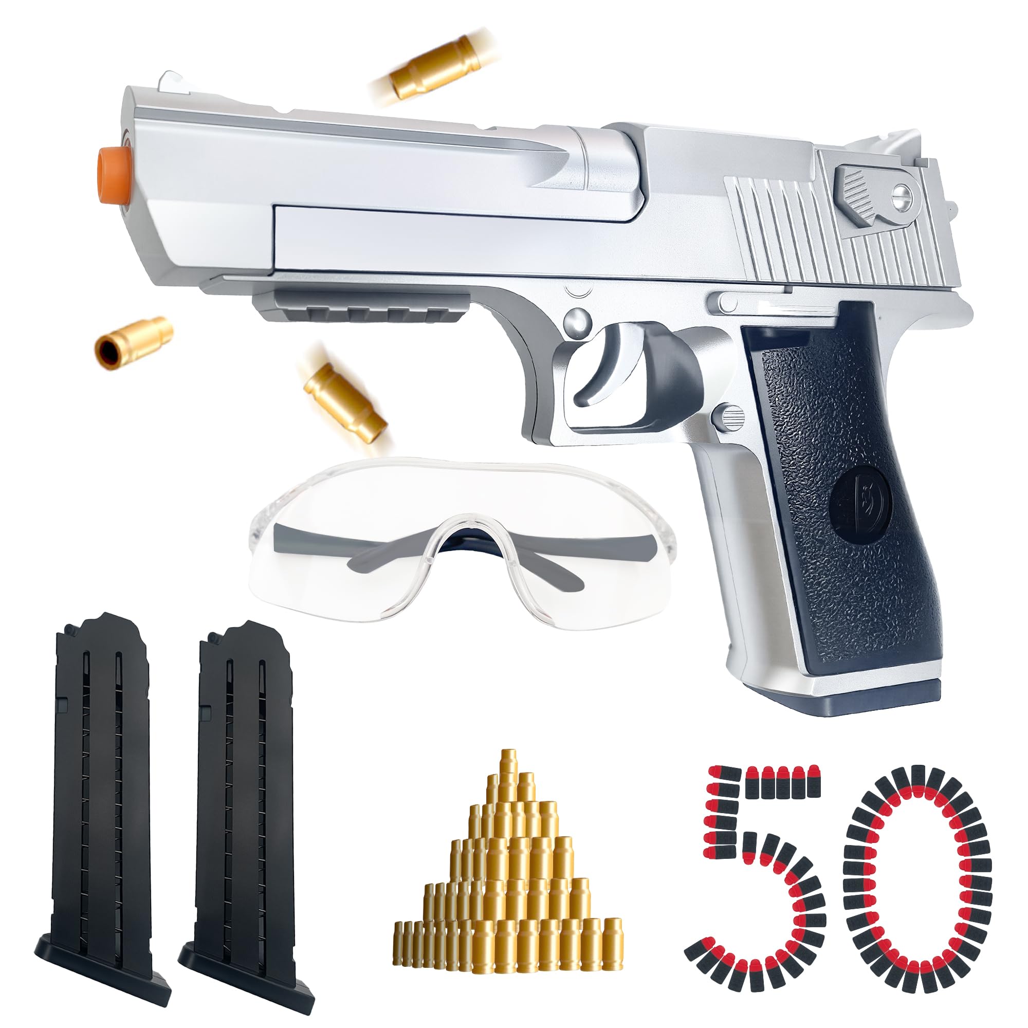 Silver Tactical Foam Blaster Pistol - Shell Ejecting Toy Gun for Ages 6+ with 50 Safe Bullets & Goggles - 32ft Range Airsoft Alternative - Nerf Competitor - Camping Party Indoor Outdoor