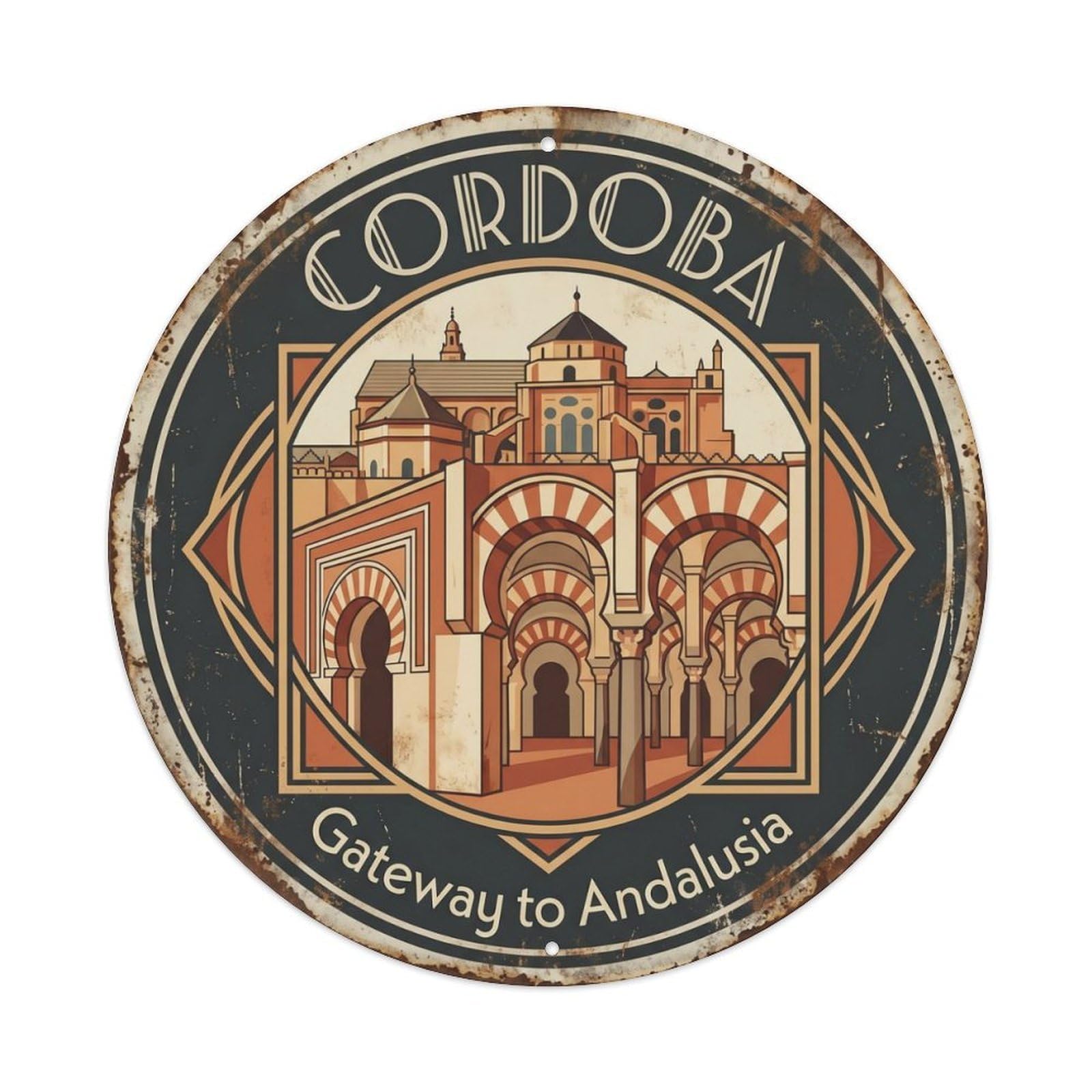 Fqcyn Style Vintage Travel Cordoba Cathedral Andalusia Metal Tin Sign Plaque Wall Decor For Cafe, Club Bar, Office, Home Garden Round Metal Poster 8X8inch