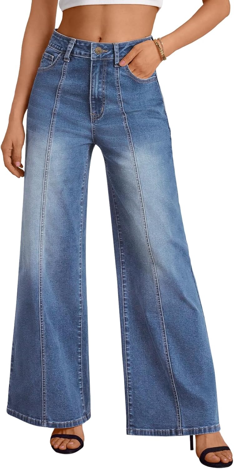 Trendy Queen Womens Wide Leg Jeans - High Waisted Baggy Pants, Soft Comfort Cotton Denim with a Relaxed Fit