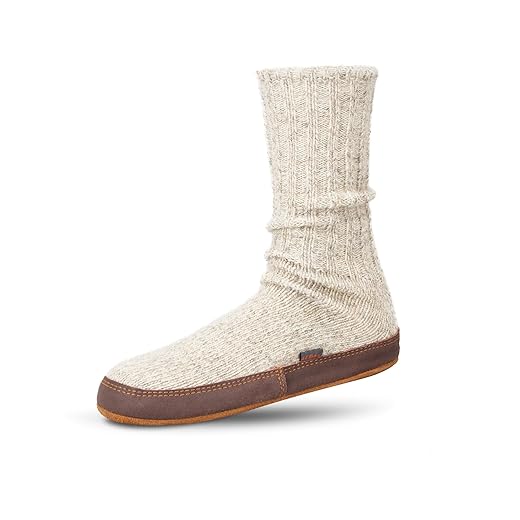 Acorn Unisex-Adult Original Slipper Sock, Flexible Cloud Cushion Footbed with a Mid-Calf Sock and Suede Sole, Light Grey Ragg Wool, Large
