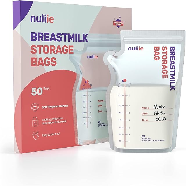 Nuliie 50 Pcs Breast Milk Storage Bags, 250ml Pre-sterilized Breastmilk Storage Bags, Milk Storage Bags with Pour Spout for Breastfeeding, BPA Free, Self-Standing Bag, Space Saving Flat Profile