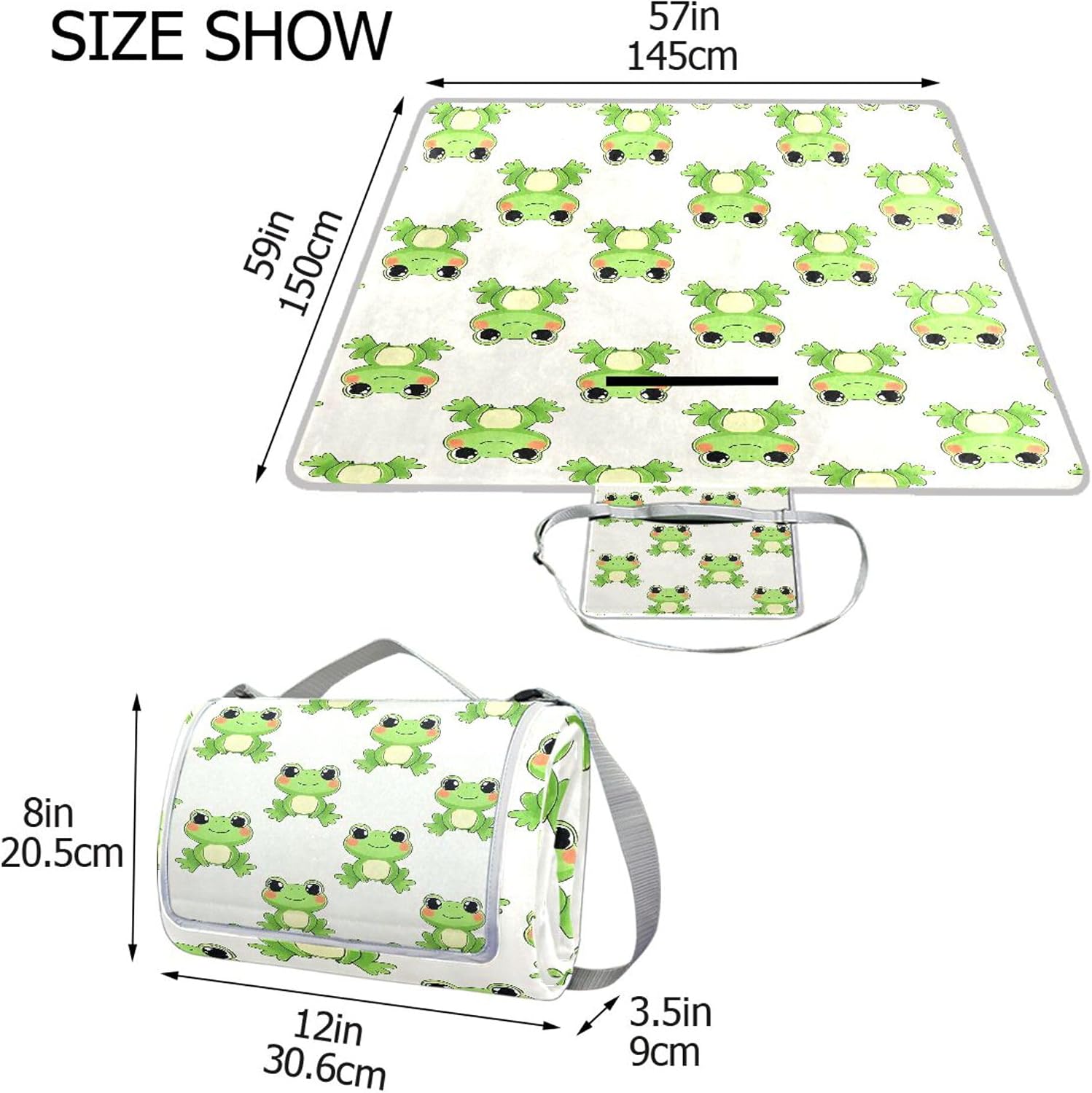 MNSRUU Picnic Blanket Waterproof Foldable, Frog Cute Large Outdoor Picnic Blanket Beach Blankets Camping Blanket Travel Mat, Shoulder Strap Tote, Rectangle 57x59in