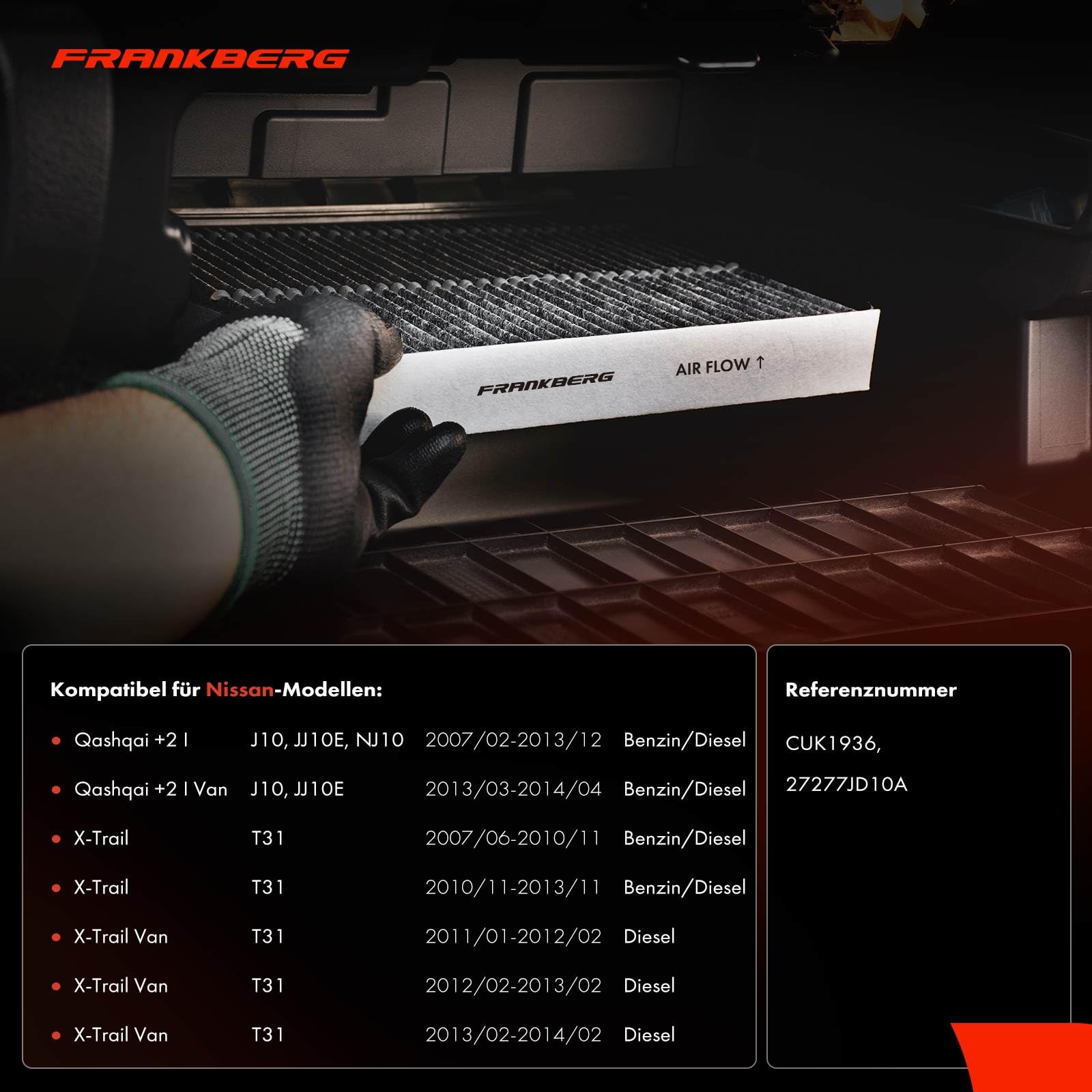 Frankberg 2 x filtr kabinowy, filtr pyłkowy z węglem aktywnym, kompatybilny z Qashqai +2 I J10 JJ10E NJ10 1,5 l / 1,6 l Qashqai +2 I Van J10 JJ10E 1,5L-1,6L zamiennik 27277JD10A