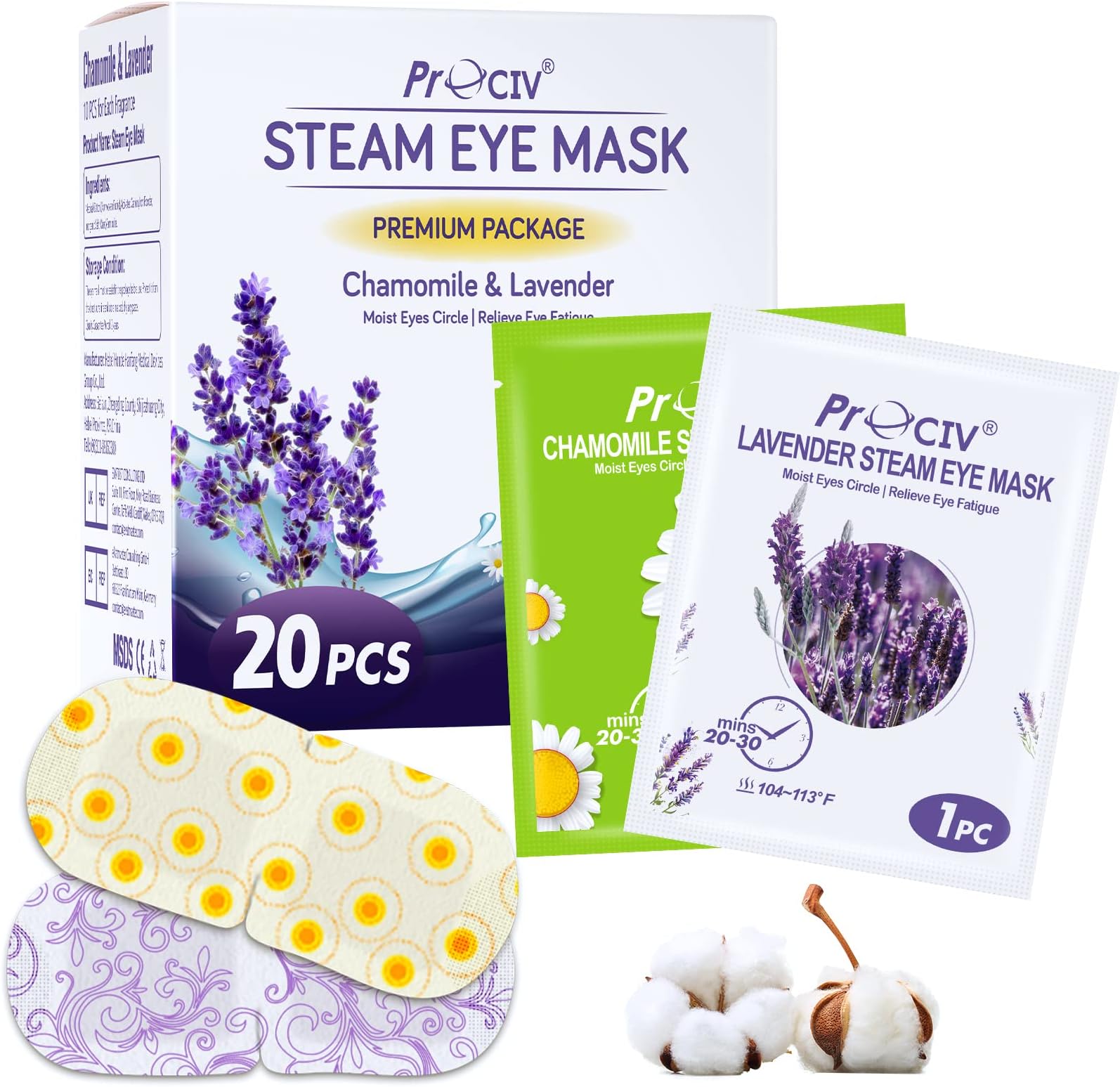 ProCIV 20 Packs Steam Eye Masks, Warming Eye Masks for Dark Circles, Disposable Self-heating Hot Eye Mask Soothing Headache, Dry Eyes, Heating Eye Mask for Stress Eye Fatigue Relief