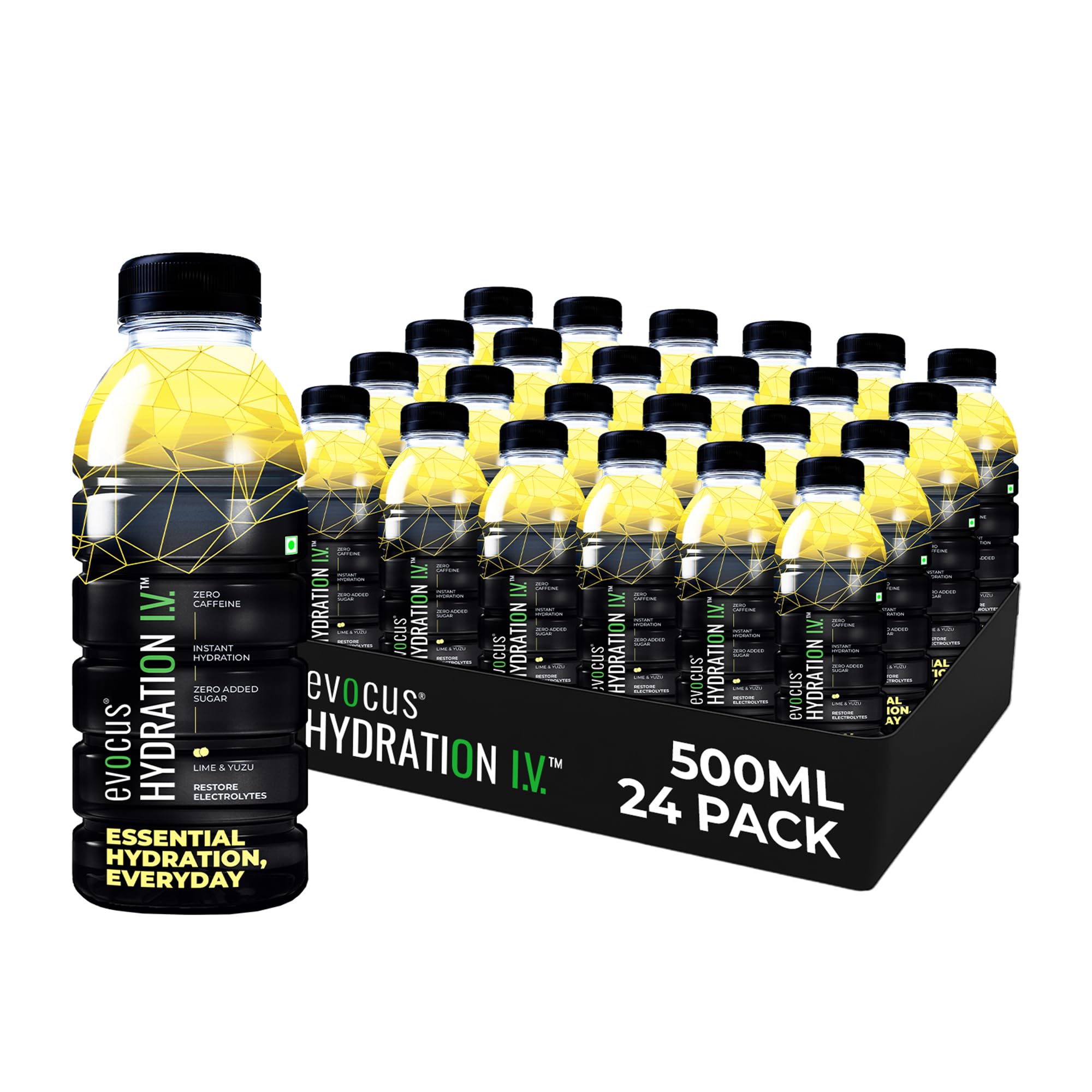 Evocus Hydration I.V. Electrolytes Ready to Drink - Ultra-Rapid Hydration - No Added Sugar & Low calorie - With Sodium, Potassium And Calcium - Energy Drink - 500 ML - Pack of 24 (500 ML, Lime & Yuzu)