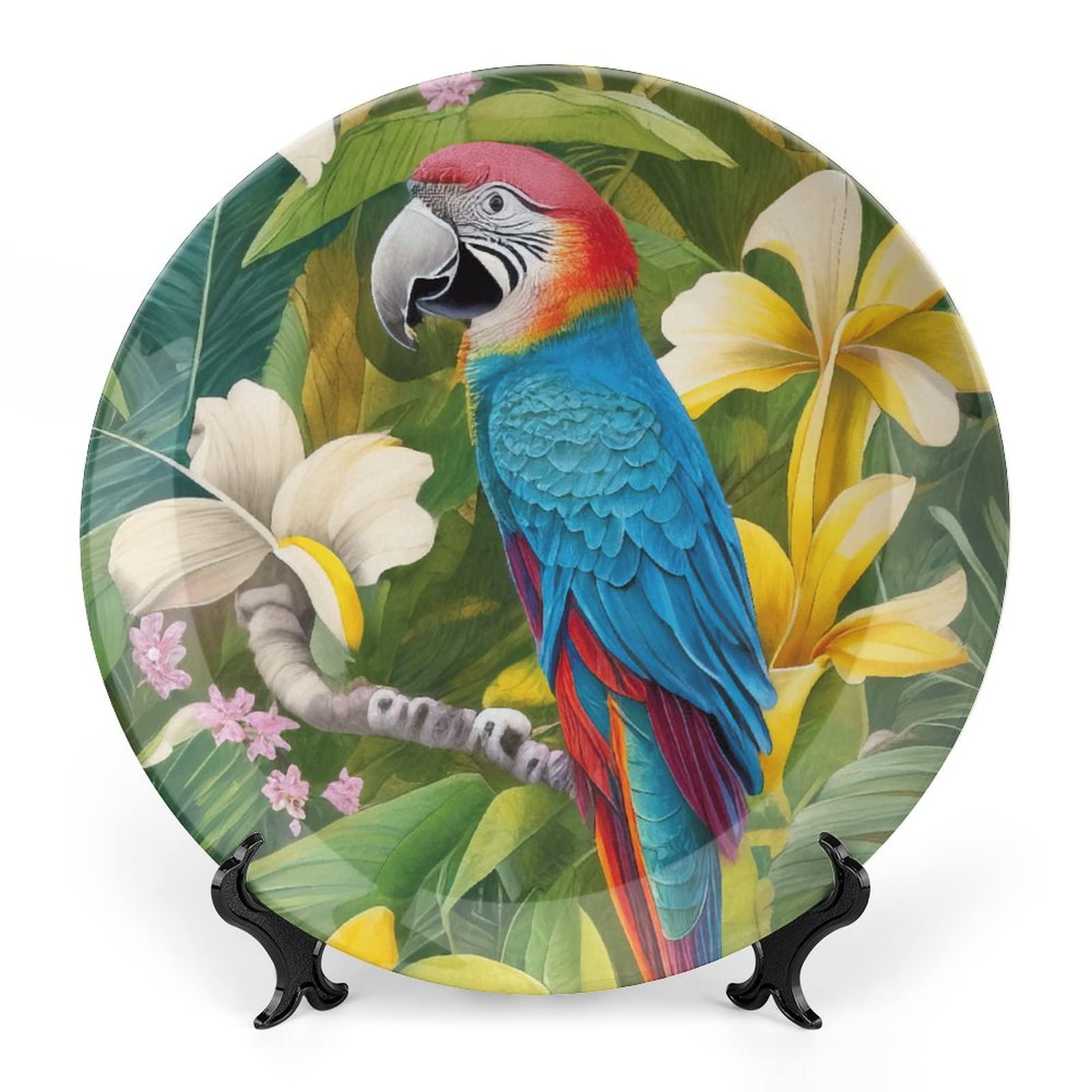 Gokays Tropical Flower & Parrot Painting Decorative Plate Home Decor Ceramic Plates Wedding Gifts Dinner Plates Display for Living Room, Bedroom, Hallway Console Side Table, 15 CM — image 1