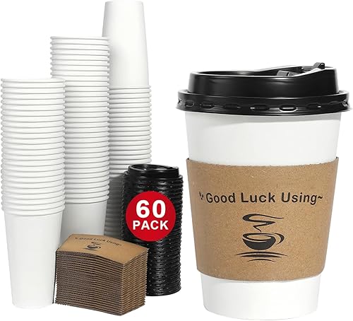 Lamosi Paquete de 60 tazas de café desechables de 12 onzas con tapas y mangas, tazas de café con tapas, tazas de papel blanco con fundas aisladas de
