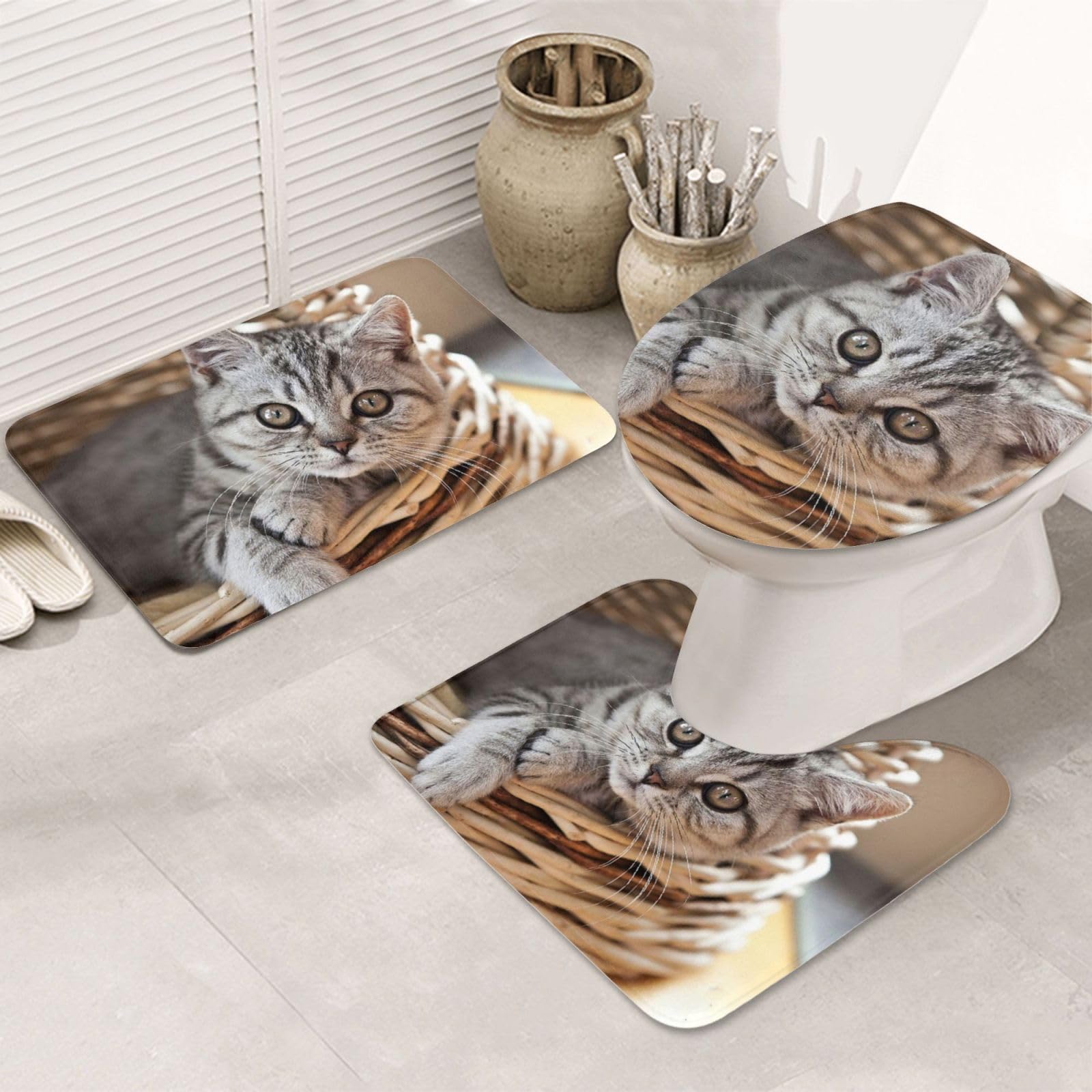 Set di 3 tappetini da bagno con gatto, in flanella, morbida, antiscivolo, con coperchio, decorazione per la casa
