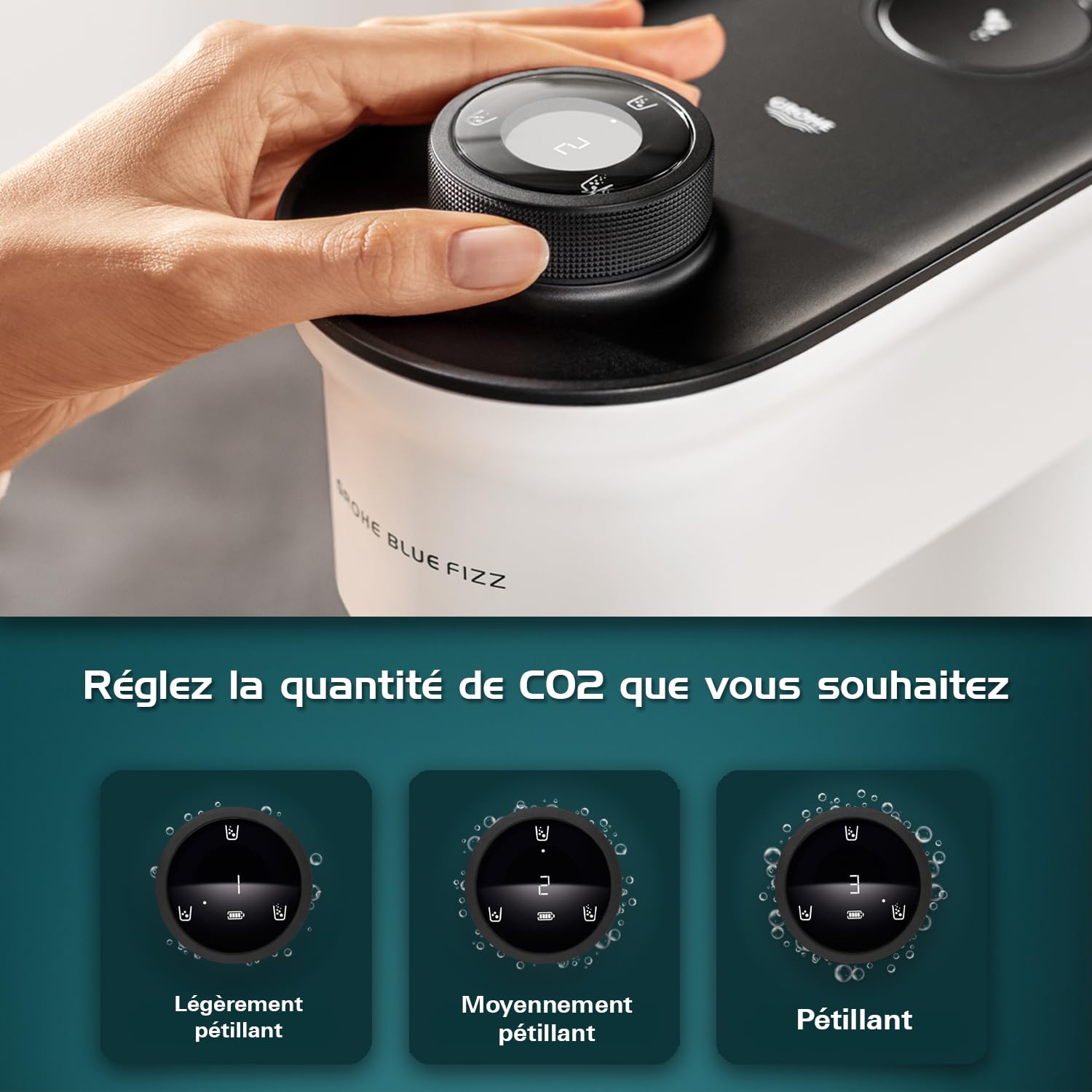 GROHE Blue Fizz Premium Machine à Eau Gazeuse (Affichage et Préréglage Niveau CO2, Bouteille de CO₂ non incluse), Batterie intégrée et rechargeable, Buse Acier Inoxydable, Noir, 31947K00
